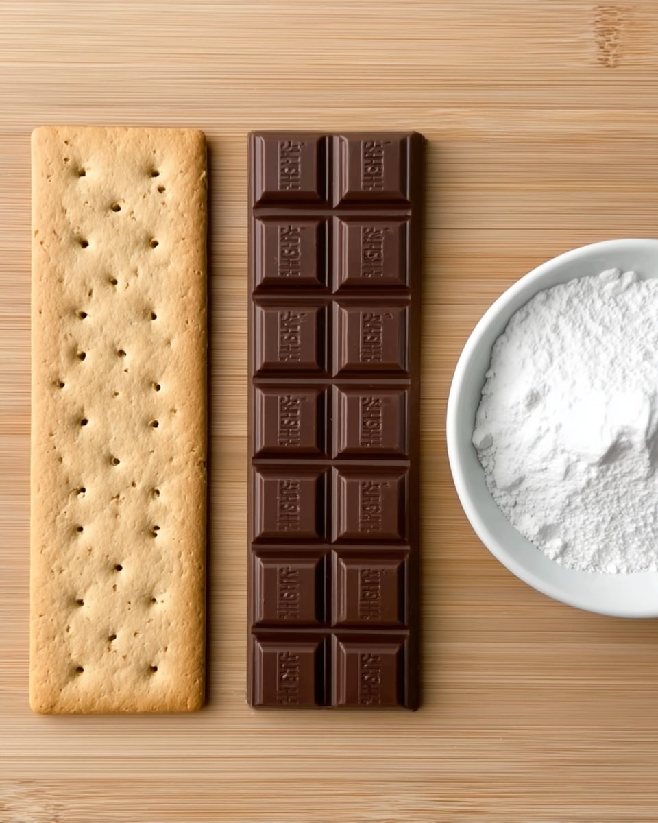 The image shows three items placed side by side on a white marbled surface. On the left, there is a rectangular graham cracker with small dotted holes on its surface and a pale brown color. In the middle, there is a large bar of dark chocolate divided into small rectangular pieces, each embossed with the word