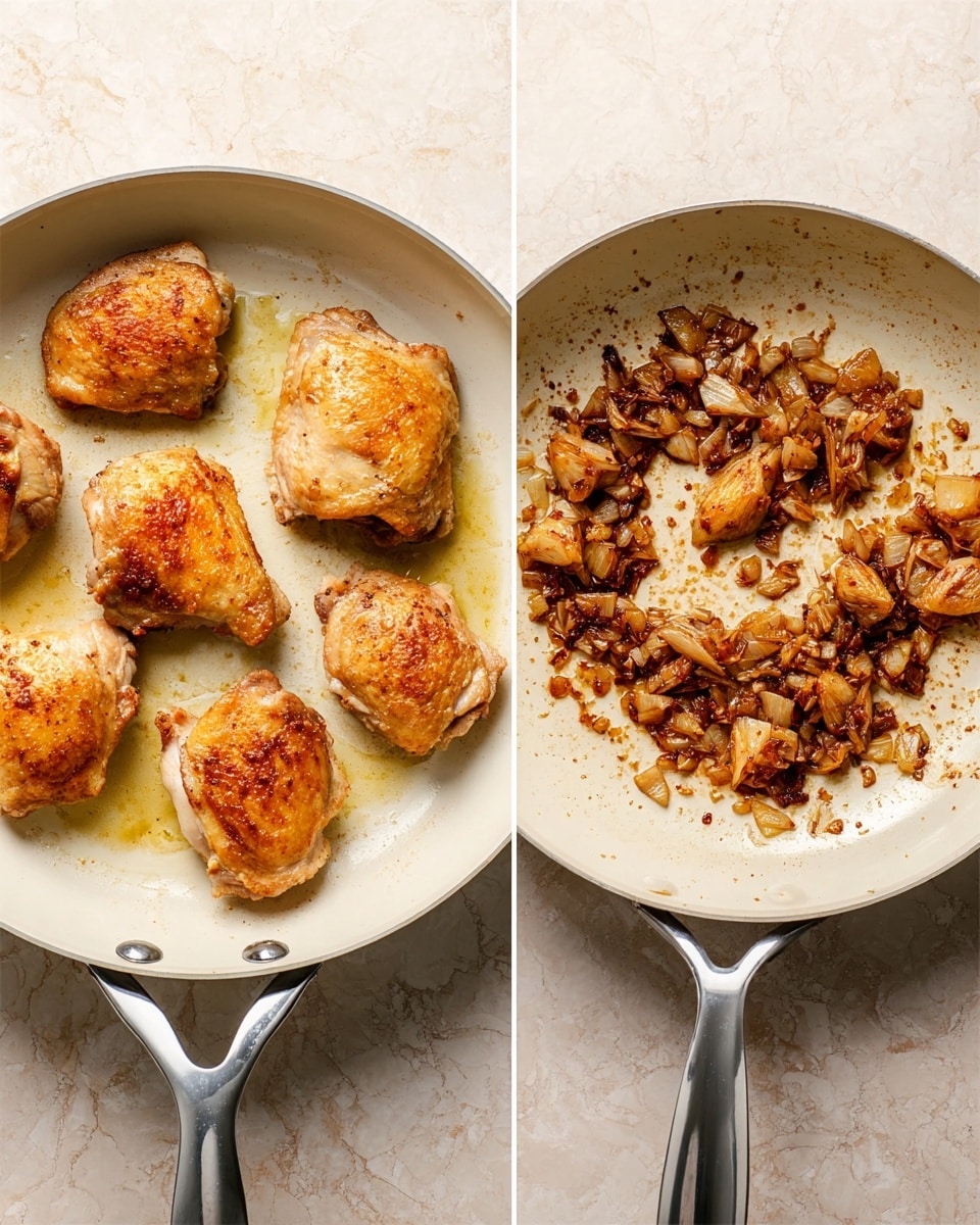 The image shows two white pans on a white marbled surface. The left pan has five pieces of cooked chicken thighs, arranged in a scattered pattern, with golden-brown crispy skin and a slight shine from oil. The chicken pieces look juicy with a gently textured surface. The right pan holds small chunks of cooked onions and garlic, which are browned and slightly caramelized, spread unevenly with some oil residue and dark brown bits, showing a rich and cooked texture. Both pans have a clean white interior with metal handles. Photo taken with an iphone --ar 4:5 --v 7
