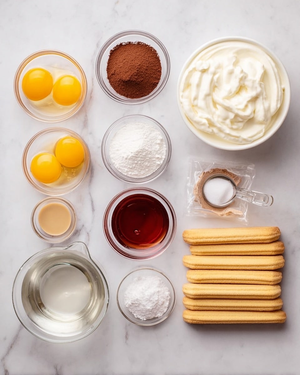 The image shows an overhead view of neatly arranged dessert ingredients on a white marbled surface. There are ten small clear bowls and containers with different contents: three bowls with two bright yellow egg yolks, light brown cocoa powder, and a dark brown powder; a small bowl with beige liquid; a larger bowl filled with thick white cream; another bowl with reddish-brown liquid; a bowl with fine white sugar; a small bowl with white salt; a measuring cup half-filled with clear water. Two sealed packs of long light golden ladyfinger biscuits lie side by side to the right. Everything is spread evenly and clearly visible, with no utensils or hands in the image. photo taken with an iphone --ar 4:5 --v 7
