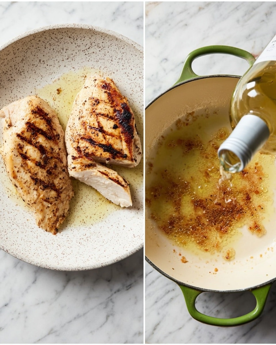 The image shows two parts: on the left, two cooked chicken fillets with golden brown grill marks laying on a white speckled plate, the fillet on the left partially sliced to reveal the light, juicy inside; on the right, a white pot with green handles containing a layer of browned bits and light oil on the bottom, with a bottle pouring liquid into the pot from above; both scenes are on a white marbled surface. photo taken with an iphone --ar 4:5 --v 7