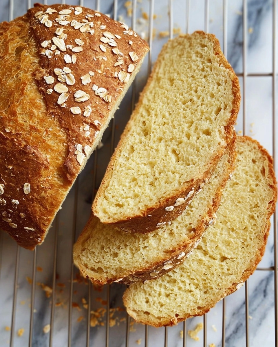The image shows a round loaf of bread with a golden-brown crust sprinkled with oat flakes on top. The bread is partially sliced, revealing three thick slices in front of it with a light, soft, and slightly airy inside that has small holes throughout. The texture of the crust looks crisp and rough, while the bread crumb is smooth and tender. The bread and slices are placed on a cooling rack sitting on a white marbled surface with some crumbs scattered around. Photo taken with an iphone --ar 4:5 --v 7