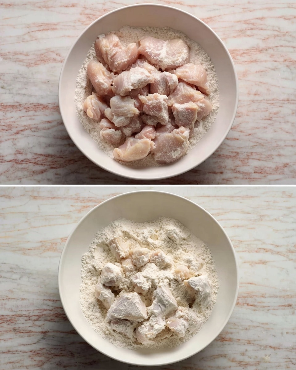 A white bowl filled with raw chicken pieces resting on a layer of white flour is placed on a white marbled surface in the first image. The second image shows the same chicken pieces now evenly coated in the white flour, filling the white bowl fully and keeping the texture light and powdery. photo taken with an iphone --ar 4:5 --v 7