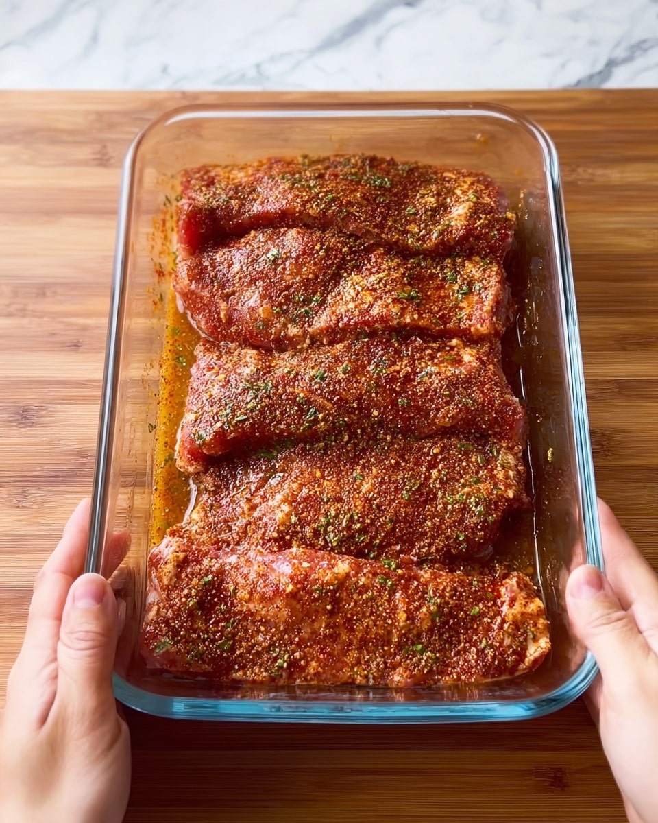 A clear glass dish filled with three large pieces of raw meat covered evenly in a reddish-brown spice mix with visible herbs. The meat pieces are arranged side by side, covering the bottom of the dish. A woman's hands hold the dish from both sides. The dish rests on a wooden surface with a white marbled texture background. photo taken with an iphone --ar 4:5 --v 7
