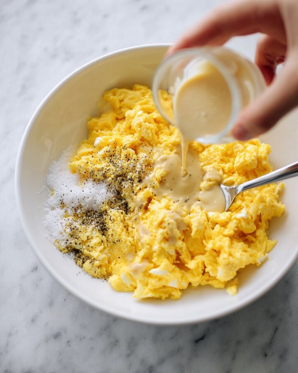 A close-up view of a white bowl filled with yellow scrambled eggs, topped with black pepper and white salt crystals scattered on one side. A woman's hand is holding a small glass container and pouring a light cream-colored sauce onto the eggs, while another woman's hand stirs the sauce with a fork. The bowl is placed on a white marbled surface, creating a clean and bright background. photo taken with an iphone --ar 4:5 --v 7