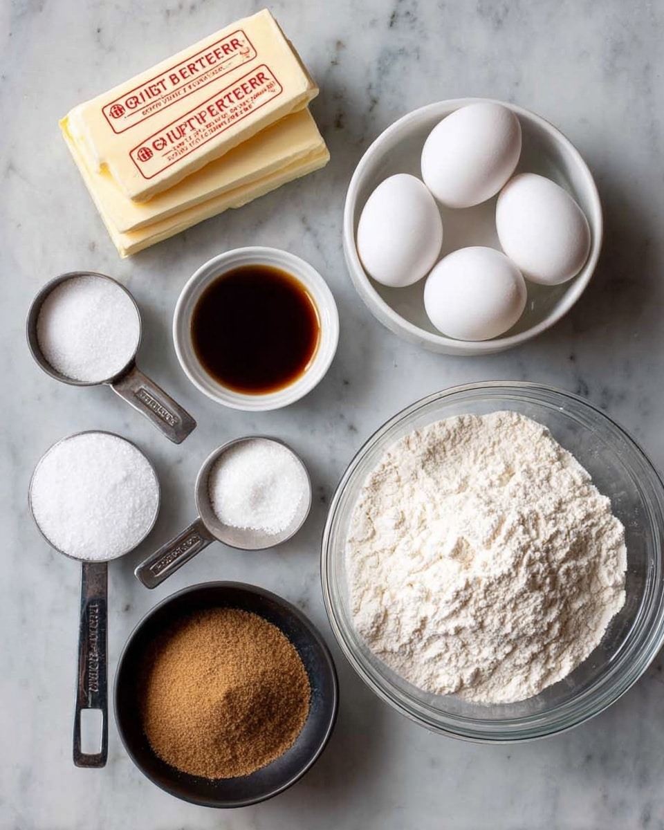 The image shows baking ingredients neatly arranged on a white marbled surface. There is a large clear glass bowl filled with white flour on the bottom right. Above it, there is a white bowl holding three white eggs. To the left of the eggs, there are two sticks of unsalted butter with pale yellow wrappers stacked one over the other. Above the butter, a metal measuring spoon holds a dark brown liquid, likely vanilla extract. Next to it, another metal measuring spoon is filled with white granulated sugar. Below the butter, a small black bowl contains white powdered sugar, and next to it on the right, there is a metal measuring cup filled with brown sugar. All the items are spaced evenly, creating a clean and organized look. photo taken with an iphone --ar 4:5 --v 7