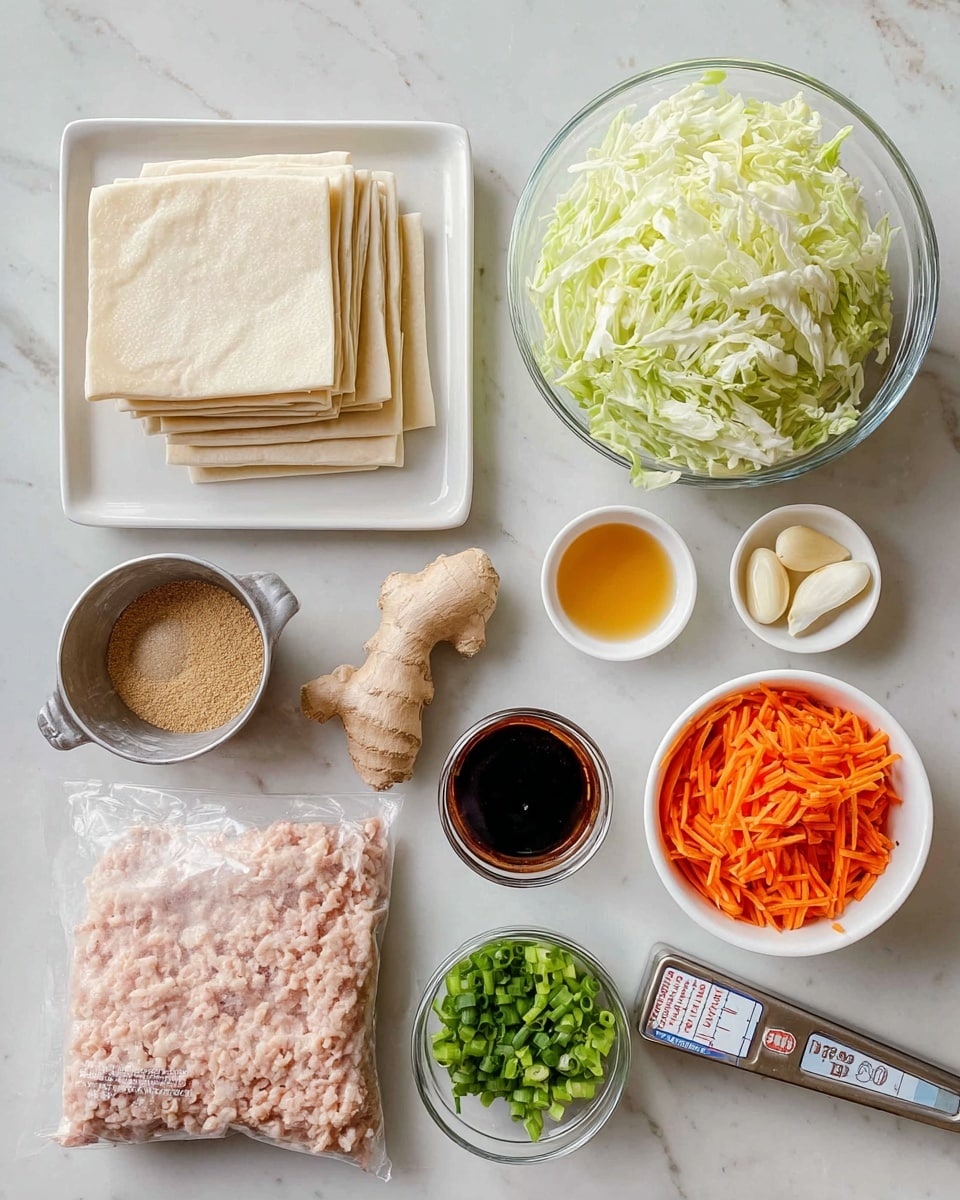 A flat lay image shows ingredients for cooking on a white marbled surface. At the center left, a white plate holds a neat stack of thin, square dough sheets, pale ivory in color with a smooth texture. To the right, a clear glass bowl contains shredded pale green and white cabbage leaves with some darker green parts on top. Below that, a clear plastic package displays light pink ground chicken with visible ridges from the packaging. Surrounding these main items, there is a small metal bowl with light brown crushed spices, a piece of fresh beige ginger root, a small white dish with three peeled garlic cloves, a white square dish holding amber-colored oil, a white round bowl filled with bright orange shredded carrots, a small clear dish of dark brown liquid, and a metal measuring cup filled with chopped bright green onions. The overall layout is clean and organized. Photo taken with an iphone --ar 4:5 --v 7