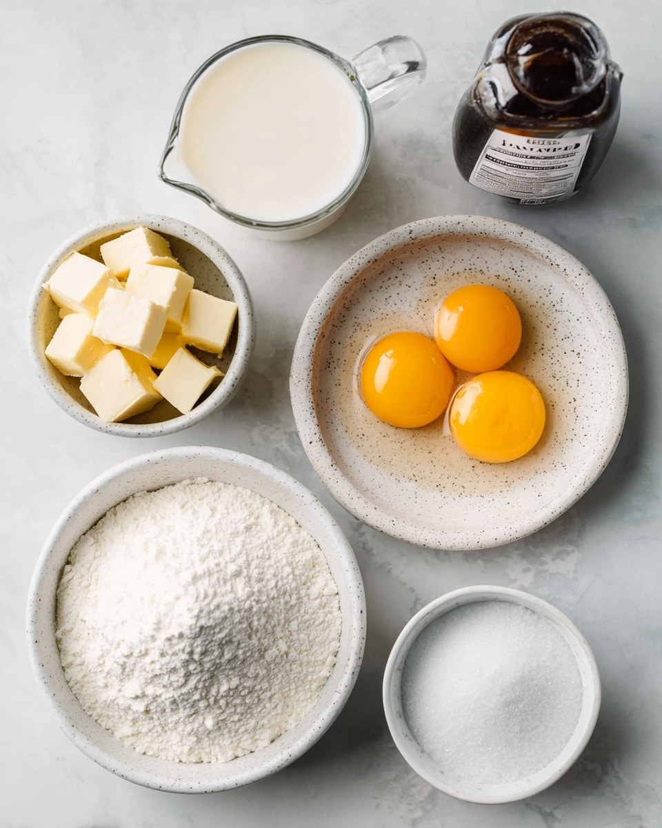 The image shows six items arranged on a white marbled background, each in a small white bowl or container. At the top right is a white bowl with three raw egg yolks, bright orange and glossy, sitting side by side. Below and center is a larger white speckled plate filled with white granulated sugar, piled with a smooth mound. To the bottom left, a small white bowl holds three cubes of pale yellow butter with soft edges. Above and left of the sugar is a small white bowl filled with white powder, likely flour. To the right side is a small white dish with coarse white salt. Near the bottom right corner is the edge of a clear glass measuring cup filled with white milk. A dark glass bottle labeled vanilla bean paste is positioned left of the sugar bowl. The arrangement and colors are neat and clear, all set on the white marbled surface. photo taken with an iphone --ar 4:5 --v 7