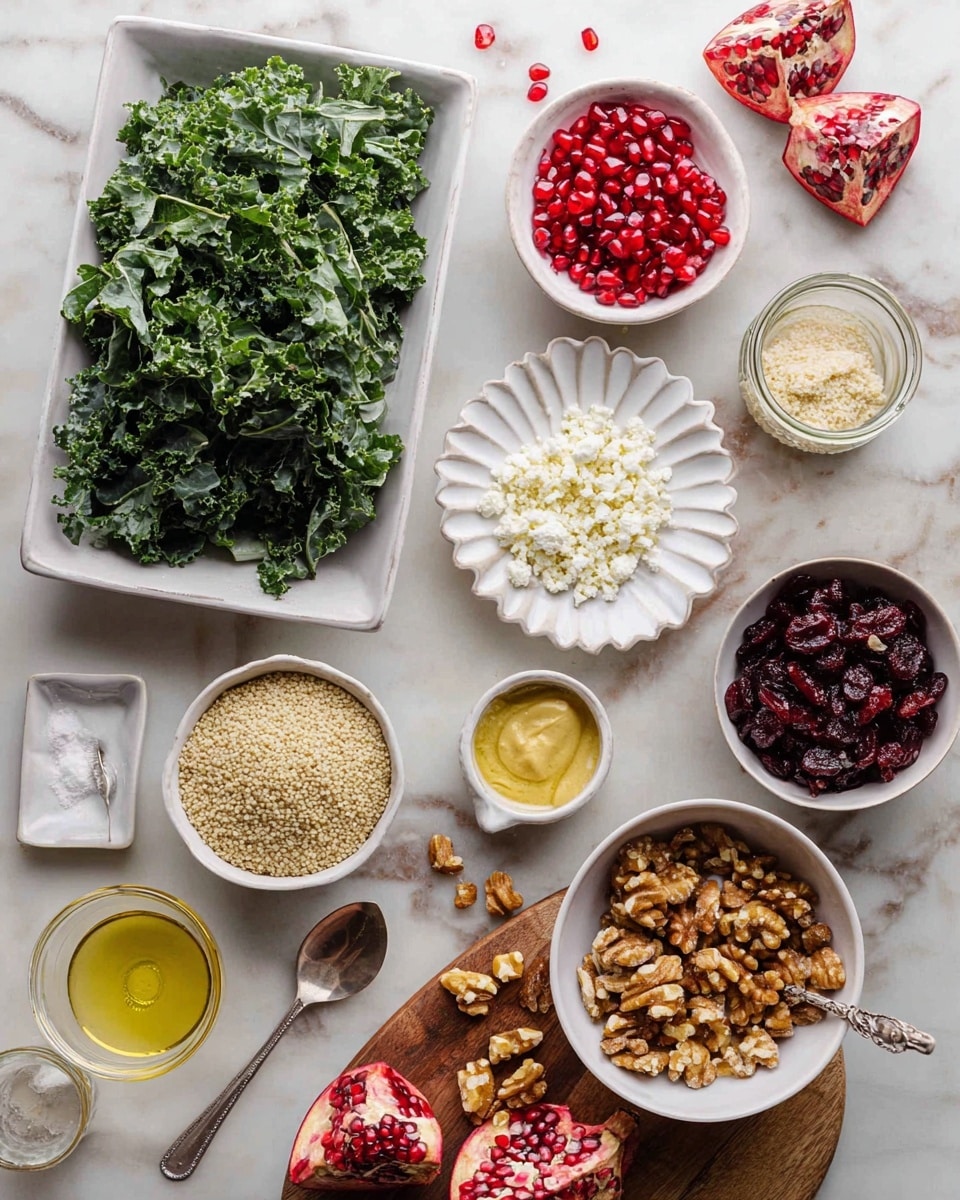 The image shows various ingredients arranged neatly on a white marbled surface, ready for a recipe. On the left side, a large white rectangular plate is full of fresh, dark green chopped kale leaves. Nearby, a small white bowl holds bright red pomegranate seeds, and next to it a larger white bowl contains light beige quinoa. In the top center, a small white plate with a scalloped edge is filled with crumbled white cheese, while to the right, a round white bowl holds shelled walnuts with some spilled onto a wooden board beneath. Around these are scattered pomegranate sections showing shiny red seeds. There is also a small white dish with mustard and a spoon, another with coarse salt, and a tiny glass jar of light yellow oil. A bigger bowl on the top right contains dried dark red cranberries. The overall scene is well-lit with a natural light feel, arranged neatly for preparation, photo taken with an iphone --ar 4:5 --v 7
