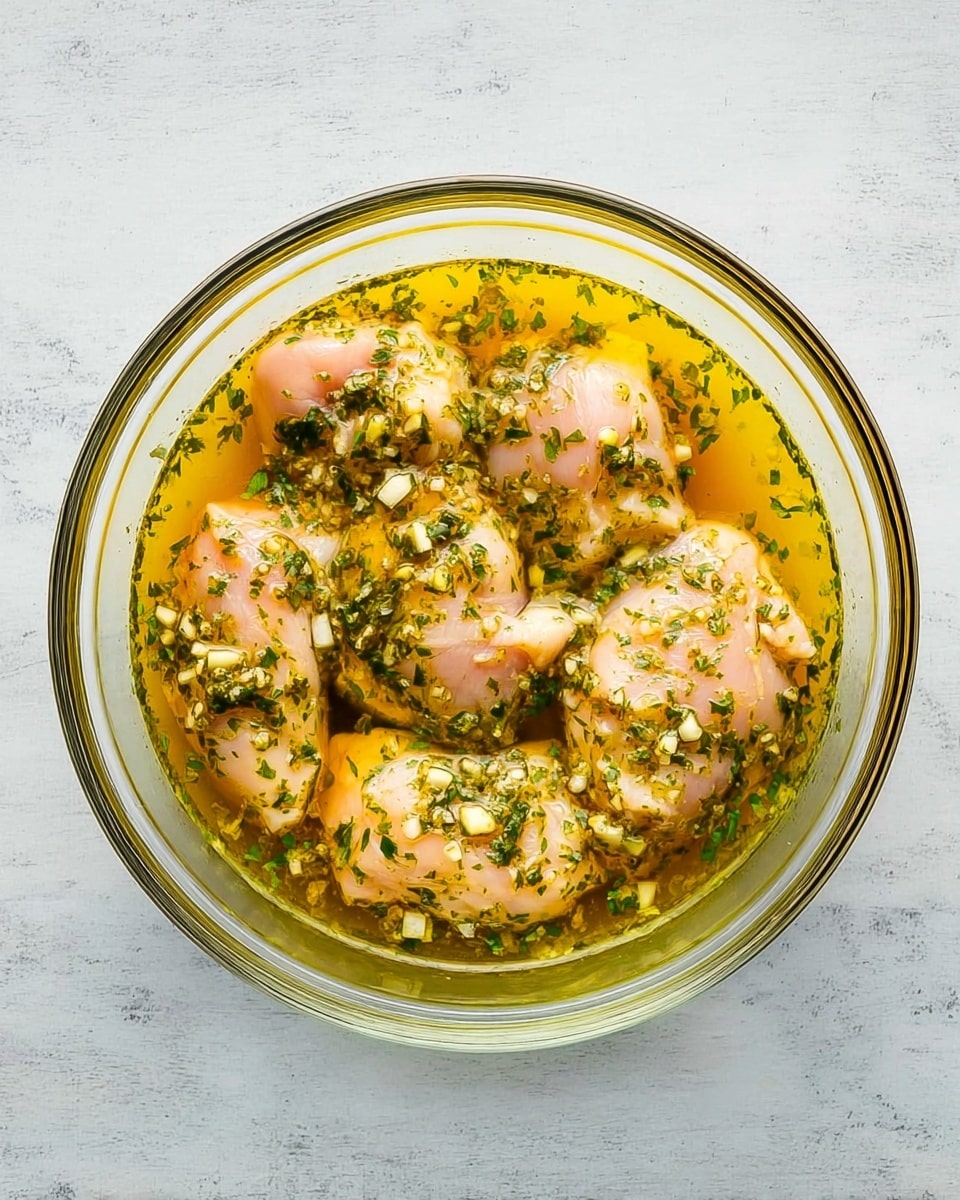 A clear glass bowl holds five pieces of raw chicken, light pink in color, soaking in a yellow marinade mixed with green herbs and bits of chopped white garlic, all evenly spread over the chicken pieces. The bowl sits on a white marbled surface, and the marinade looks glossy and well blended with the herbs scattered throughout. Photo taken with an iphone --ar 4:5 --v 7