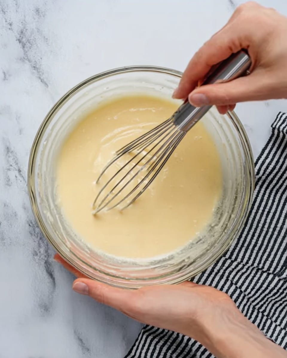 A clear glass bowl with a smooth light yellow batter inside is being mixed by a woman's hand holding a metal whisk. The bowl is resting on a white marbled surface. The batter has a creamy, smooth texture and fills about a third of the bowl from the bottom. Another woman's hand is steadying the bowl from above, showing natural skin tones and neatly cleaned nails. A striped black and white cloth is placed to the right on the surface. The background is softly blurred, focusing attention on the bowl and hands. photo taken with an iphone --ar 4:5 --v 7