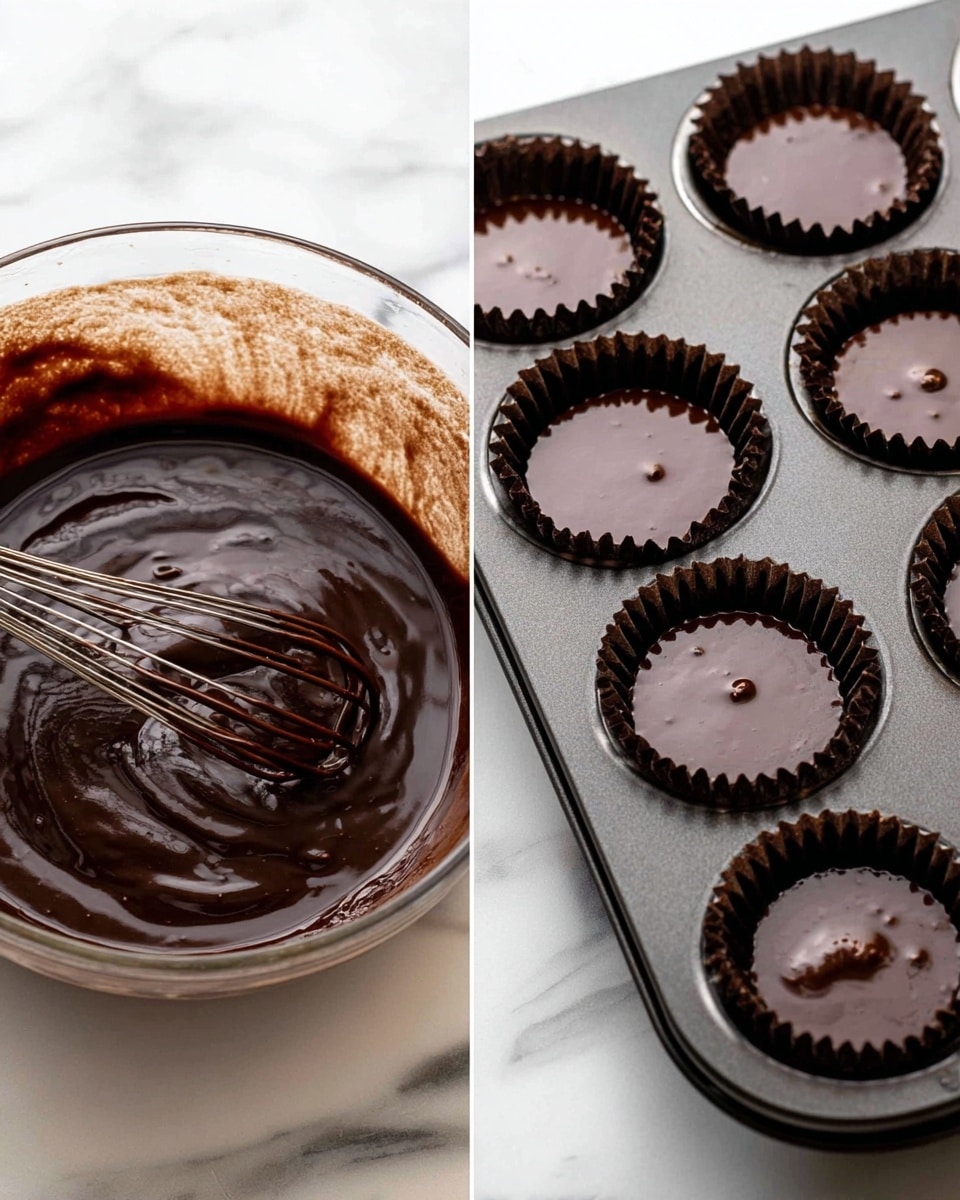 The image shows two parts: on the left, a clear glass bowl filled with dark, shiny chocolate batter with a smooth but slightly thick texture, and a metal whisk partially inside the bowl with chocolate batter on its wires; on the right, a dark metal muffin tray with six round spaces, each lined with dark brown paper cups that are filled with the same glossy, dark chocolate batter, smooth on top with a few small bubbles; everything is placed on a white marbled surface. Photo taken with an iphone --ar 4:5 --v 7