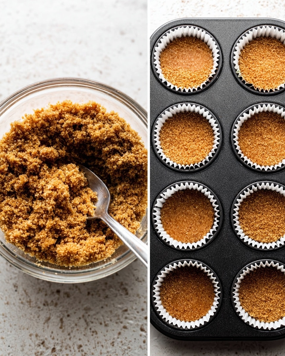 The image shows two side-by-side photos on a white marbled surface. The left side features a clear glass bowl filled with a crumbly brown mixture, which looks like crushed graham crackers or brown sugar crumbs, with a silver spoon inside. The texture is coarse and sandy with uneven small clumps. The right side shows a black muffin tray with white paper liners, each filled with the same crumbly brown mixture pressed evenly to form a thin crust base. The crust has a grainy, rough texture and fits snugly inside each liner. The overall look is clean and well-prepared for baking. photo taken with an iphone --ar 4:5 --v 7