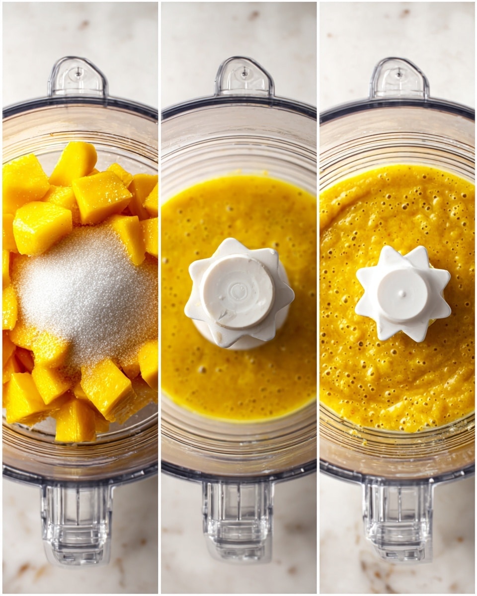 The image shows three close-up shots side by side, all featuring a clear food processor bowl. In the first shot, the bowl is filled with bright yellow chunks of mango piled together with a heap of white sugar on top, creating a textured contrast between the sugary crystals and smooth fruit pieces. The middle shot shows the mango and sugar now blended into a thick, golden-yellow puree with tiny air bubbles and small bits floating inside, with the white plastic blade in the center. The third shot focuses on the empty bowl after blending, highlighting the clear star-shaped blade and a small pool of the golden yellow mango mixture at the bottom. All bowls rest on a white marbled surface. Photo taken with an iphone --ar 4:5 --v 7