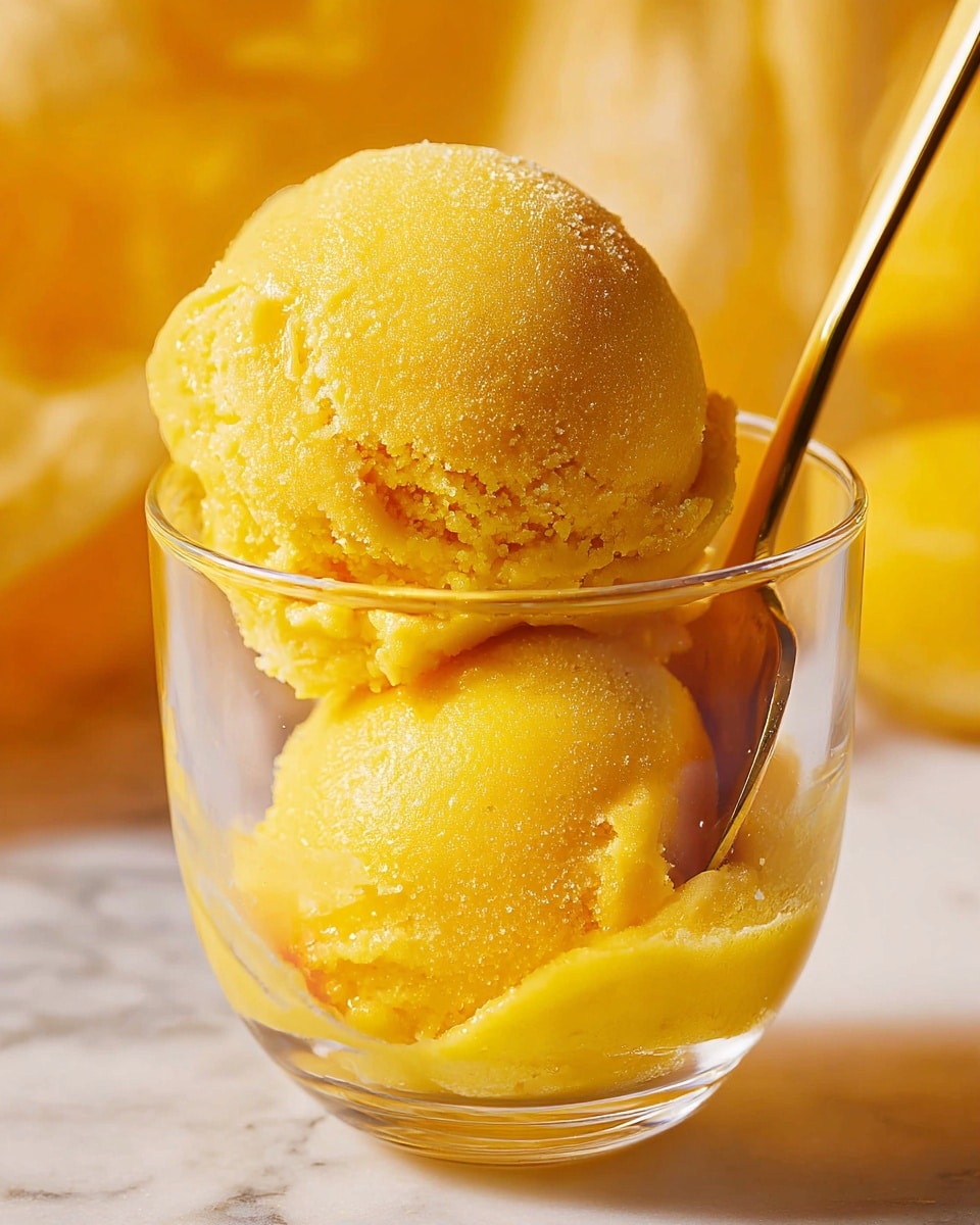 A close-up view of two scoops of bright yellow ice cream with a slightly rough, icy texture, layered on top of each other inside a transparent glass cup. A golden spoon rests inside the cup on the left side. The background shows a soft focus with warm yellow and orange tones, all set on a white marbled surface. photo taken with an iphone --ar 4:5 --v 7