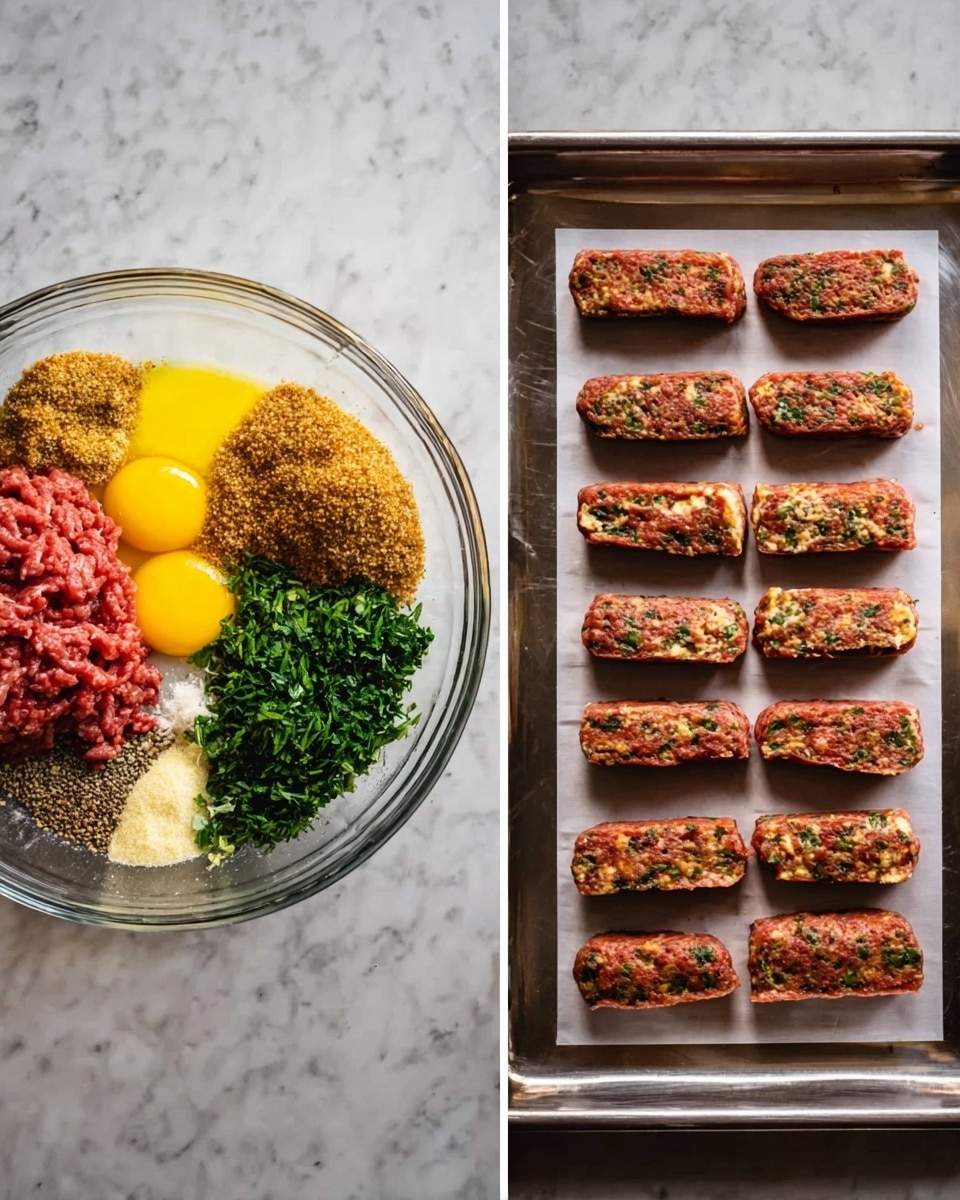 The left side shows a clear glass bowl with layers of ingredients before mixing: the bottom layer is red raw ground meat, two piles of light brown breadcrumbs sit on the left and top, bright yellow egg yolks appear in the center, finely chopped green parsley is on the top right, and seasons like brownish spices and black pepper are sprinkled around, all on a white marbled surface. The right side shows a silver baking tray lined with parchment paper containing 14 evenly spaced cylindrical shaped pieces of mixed meat, each reddish with green herbs visible inside, arranged in two rows with a white marbled background. photo taken with an iphone --ar 4:5 --v 7