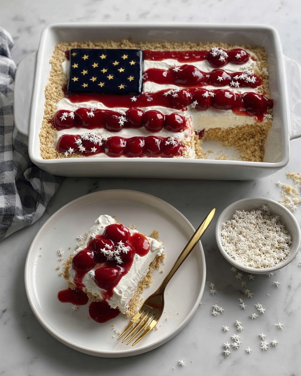 The image shows a dessert styled like an American flag in a white rectangular baking dish with a crumbly light brown base layer, topped with a thick white creamy layer. On top, strips of shiny red cherry sauce are placed as stripes, and a dark blue jelly-like square with small white star-shaped sprinkles forms the flag's stars section in the top left corner. A slice is cut out and placed on a white round plate, showing the crumb base, white cream middle, and two rows of cherry sauce on top, with crumbs scattered around. A gold fork rests on the plate, and a small white bowl with extra white star sprinkles sits nearby on a white marbled surface. photo taken with an iphone --ar 4:5 --v 7
