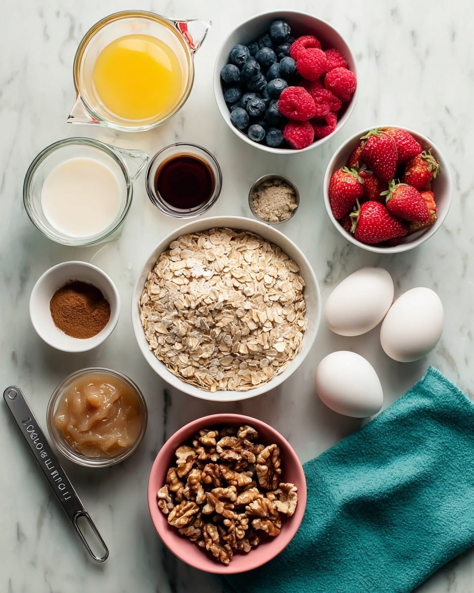 The image shows various baking ingredients arranged on a white marbled surface. In the center, there is a white bowl filled with light brown rolled oats. To the left, two clear measuring cups hold yellow melted butter and white milk. Above the oats, a white bowl contains red raspberries, red strawberry pieces, and blue blueberries. Next to it, there are two small clear bowls—one with brown cinnamon powder and the other with dark vanilla extract. Below the vanilla, a silver measuring spoon holds a light beige apple sauce. To the right of the oats, two white eggs rest next to a teal cloth napkin. Below the eggs, a pink small bowl holds shelled walnuts with varying shades of brown. The setup looks neat and ready for baking photo taken with an iphone --ar 4:5 --v 7