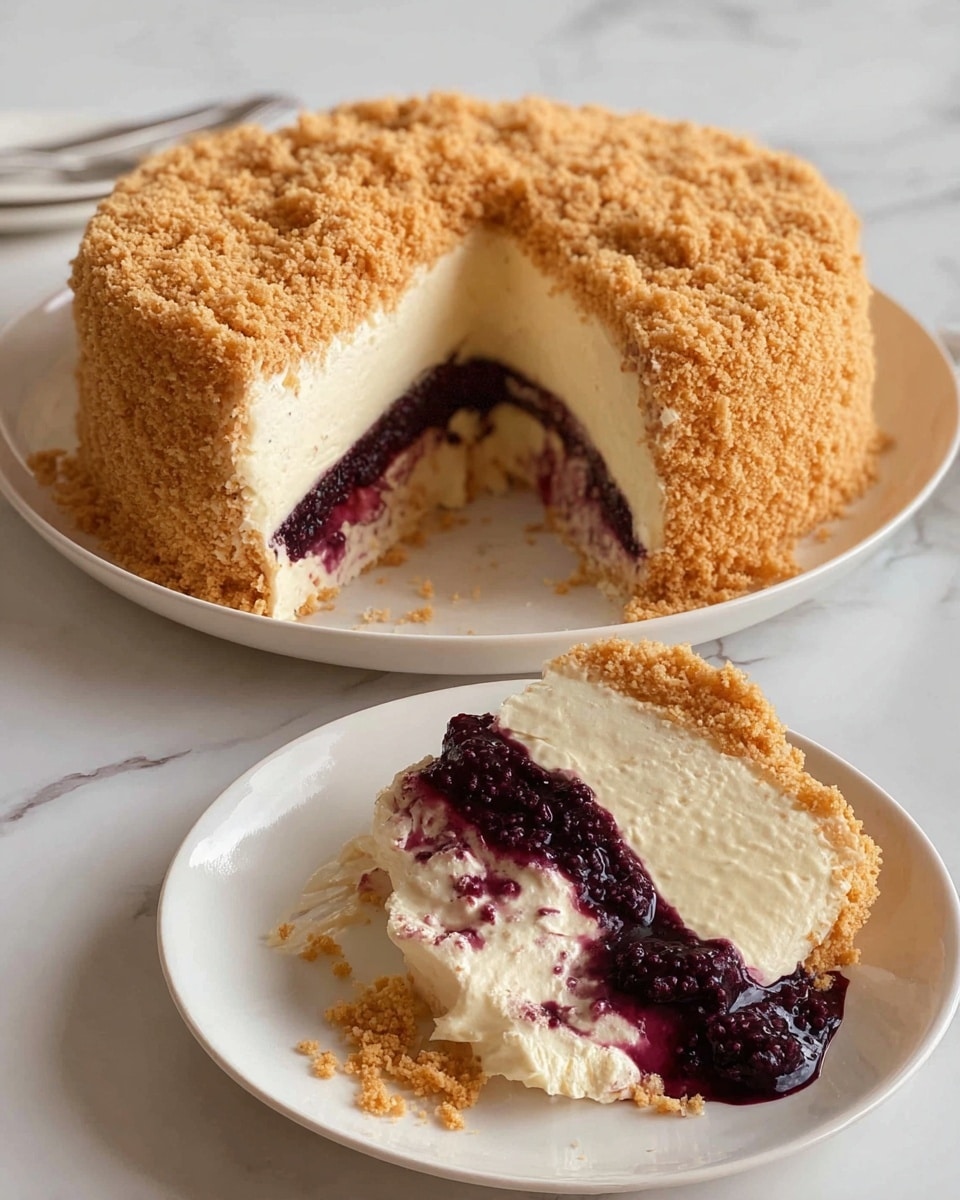 A round cake covered in a light golden crumb layer sits on a white plate with a white marbled surface underneath. A large slice is missing from the cake, revealing three layers inside: an outer crumb layer, a thick creamy white middle layer, and a deep purple fruit layer in the center. On a separate white plate in the foreground, the same slice is placed with crumbs scattered around it, showing the creamy white and dark purple layers clearly mixing at the edges. The textures contrast between the crumbly outside and the smooth creamy and fruit fillings inside. Photo taken with an iphone --ar 4:5 --v 7