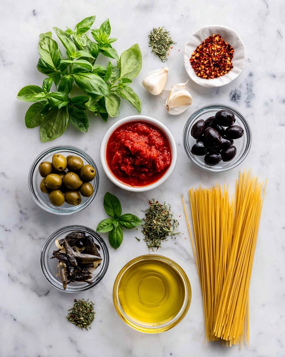 The image shows a white marbled surface with various small clear bowls and fresh herbs arranged neatly. There are bright green oregano and basil leaves placed on the left side. A small bowl of dark anchovies and another with green capers sit nearby. A few garlic cloves and a small bowl of black olives are visible towards the right side. A small bowl of red chili flakes contrasts with a bowl of vibrant red tomato sauce. A small clear dish holds golden extra virgin olive oil. On the far right, a bundle of uncooked spaghetti rests on the white marbled surface. Each item is spaced apart clearly with labels above them. Photo taken with an iphone --ar 4:5 --v 7