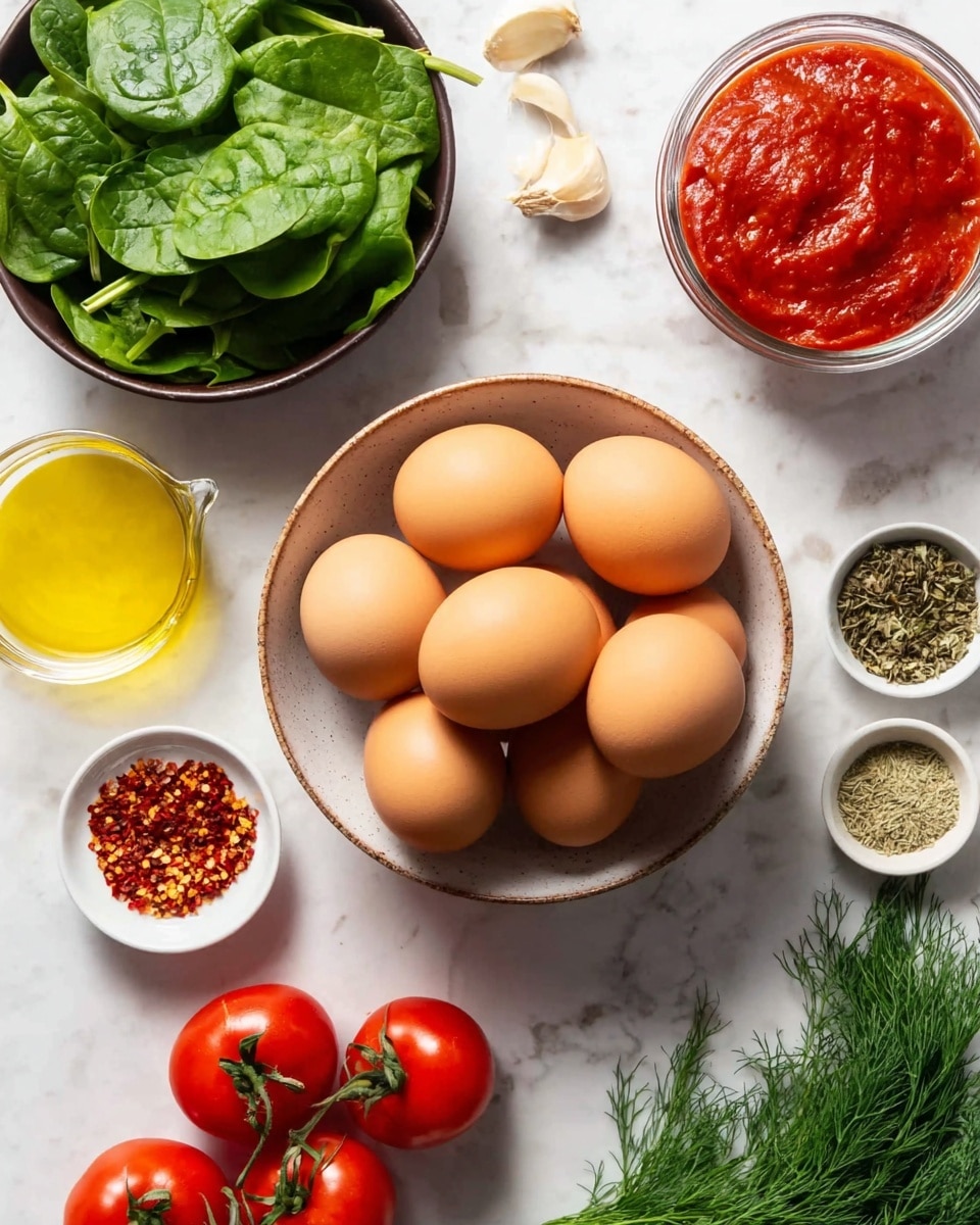 A light brown bowl filled with seven brown eggs sits in the center on a white marbled surface; to the left, a dark brown bowl holds fresh spinach leaves with a vibrant green color and smooth texture. Below the spinach, a cluster of bright red cherry tomatoes on the vine adds a pop of color. To the right of the eggs, several small white bowls contain red pepper flakes with a rough texture, whole garlic cloves that are smooth and pale, dried herbs with small, fine leaves, and a small glass jar of golden olive oil with a clear, shiny surface. Next to the garlic, a white bowl is filled with thick, smooth red tomato sauce. A small bunch of green dill is visible in the lower right corner. photo taken with an iphone --ar 4:5 --v 7