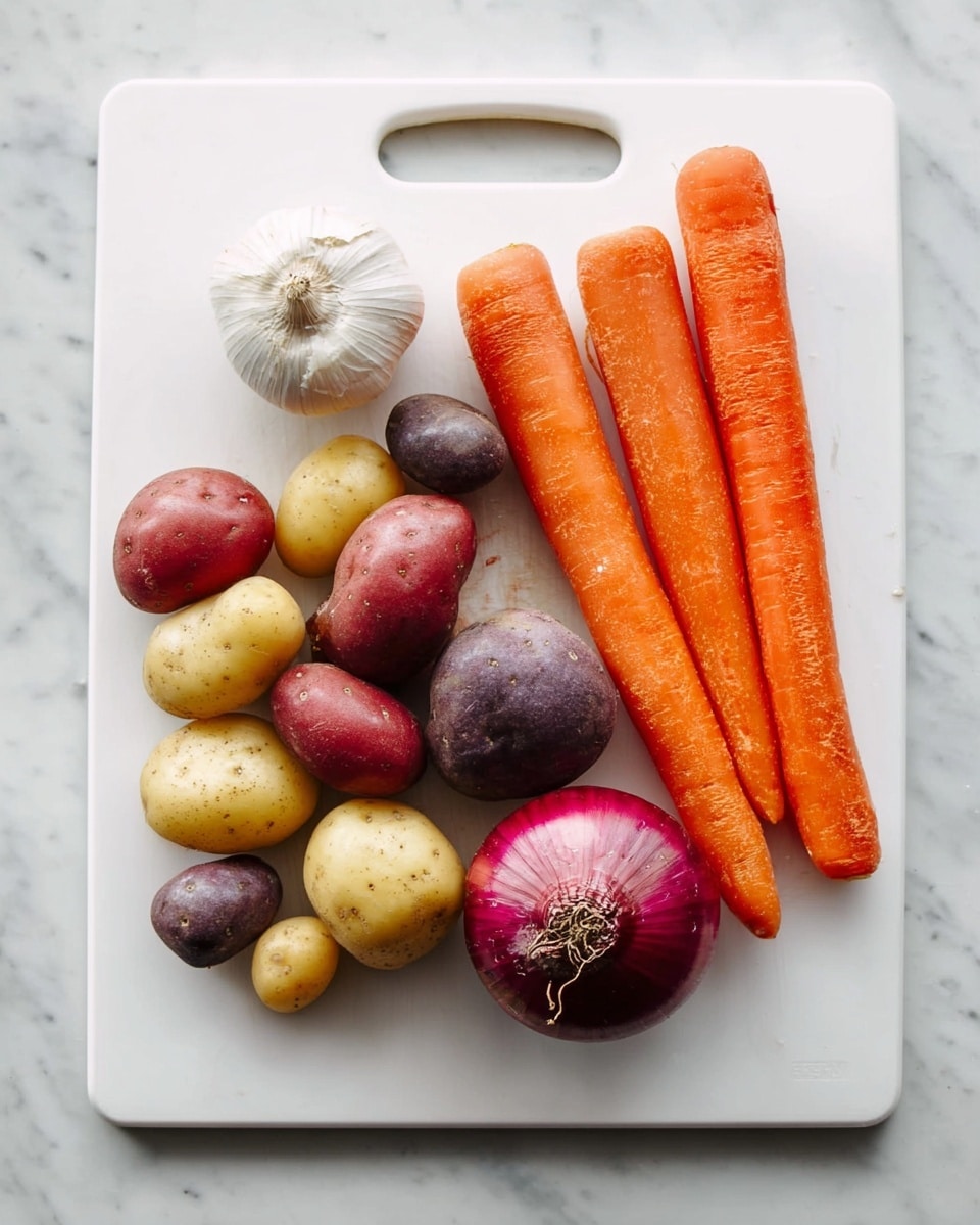 The image shows a white cutting board placed on a white marbled surface. On the cutting board, there are two long orange carrots laying at the top right. Below the carrots, there is a round red onion with a rough outer layer. To the left side of the onion, there is a group of various small potatoes, including red, yellow, and dark purple ones, forming a loose cluster. At the top left corner of the board, a round whole garlic bulb with its white papery skin is placed. The colors include bright orange, red, yellow, dark purple, and white. photo taken with an iphone --ar 4:5 --v 7