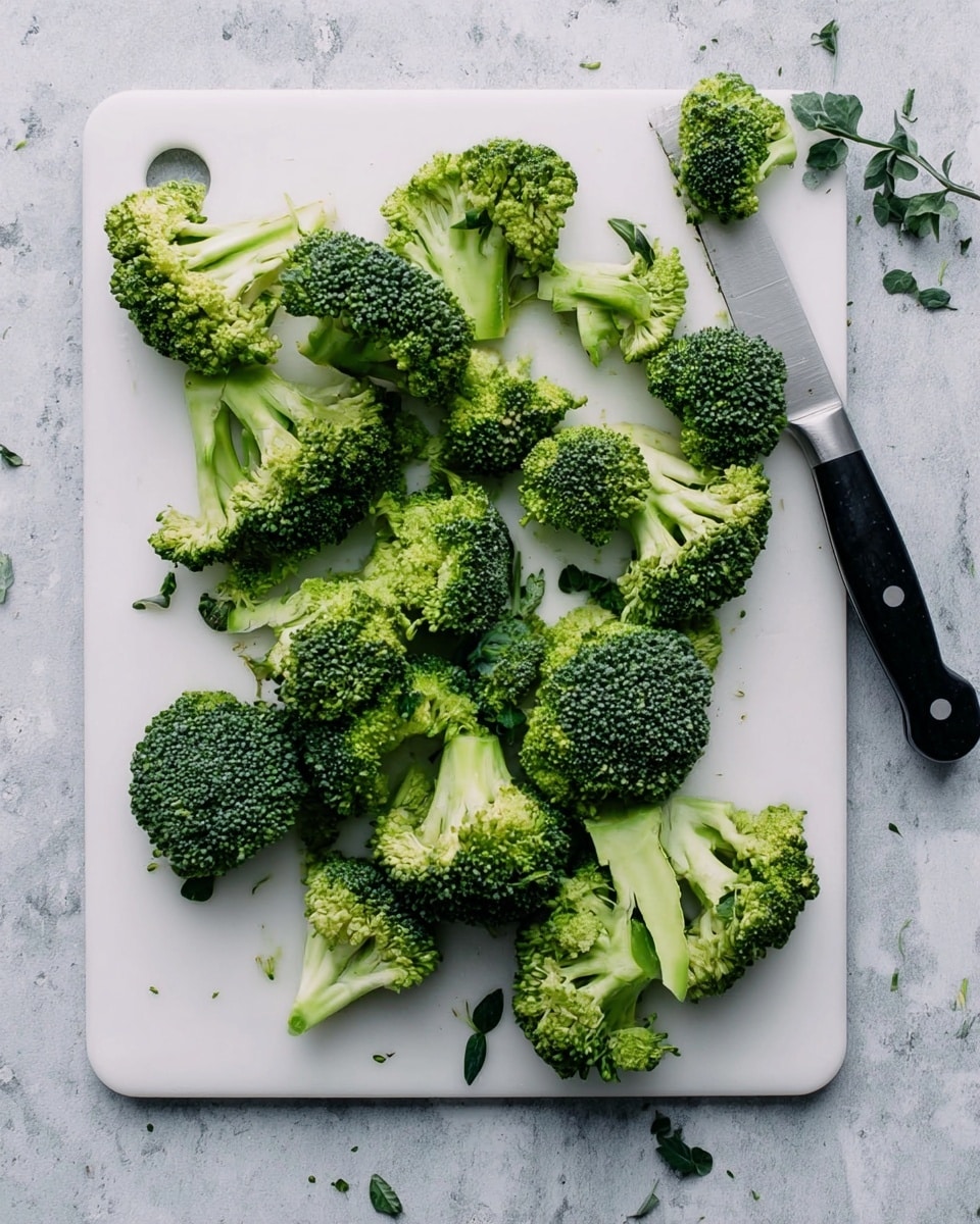 A white cutting board with multiple pieces of fresh broccoli cut into small and medium florets spread across it, showing bright green textured tops and pale green stalks. A small knife with a black handle and silver blade lies on the right side of the board. The surface beneath is a white marbled texture. Some small leaves are scattered around the broccoli and board. Photo taken with an iphone --ar 4:5 --v 7
