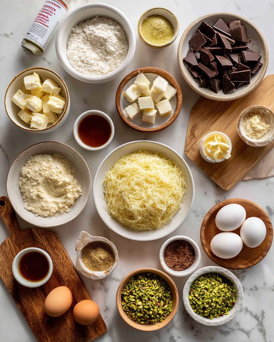 The image shows ingredients for making a layered pistachio dessert arranged neatly on a white marbled surface. There are various white bowls and plates holding items like grated kadaif noodles with a light golden color on a round plate, chopped dark chocolate pieces in a larger bowl, crushed pistachios in a small bowl, and brown sugar in another small bowl. Several eggs are placed in separate white bowls, and there are small dishes containing butter cubes, white granulated sugar, and light brown syrups or liquids. Some items are grouped on wooden boards for contrast. There is also a white can of gold shimmer spray and small green candy melts nearby. Overall, the ingredients suggest multiple layers including a crunchy kadaif base, pistachio cream, dark chocolate mousse, glazed coating, and decorative toppings. The setup is clean and inviting, showing a clear and organized preparation stage for the dessert photo taken with an iphone --ar 4:5 --v 7