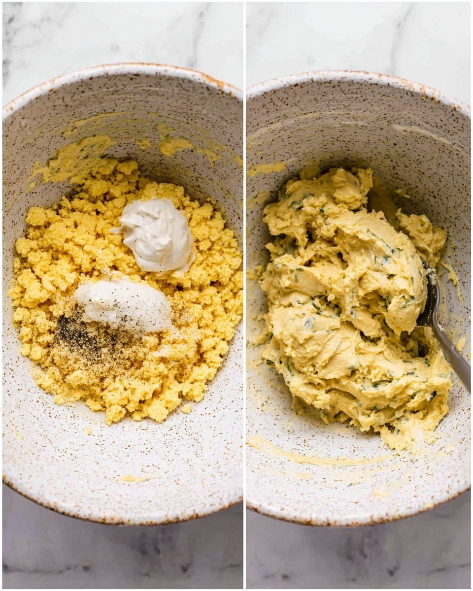 Two side-by-side images show a process of mixing ingredients in a large white speckled bowl on a white marbled surface. On the left, the bowl contains a crumbled yellow mixture spread evenly inside, with dollops of thick white and pale yellow sauces placed on top and sprinkled with black pepper. On the right, the same bowl holds a combined dough-like mixture with a creamy, dense texture, light yellow in color with dark green herb flecks visible throughout. A spoon is partially buried in the mixture, showing some thickness and softness. Photo taken with an iphone --ar 4:5 --v 7