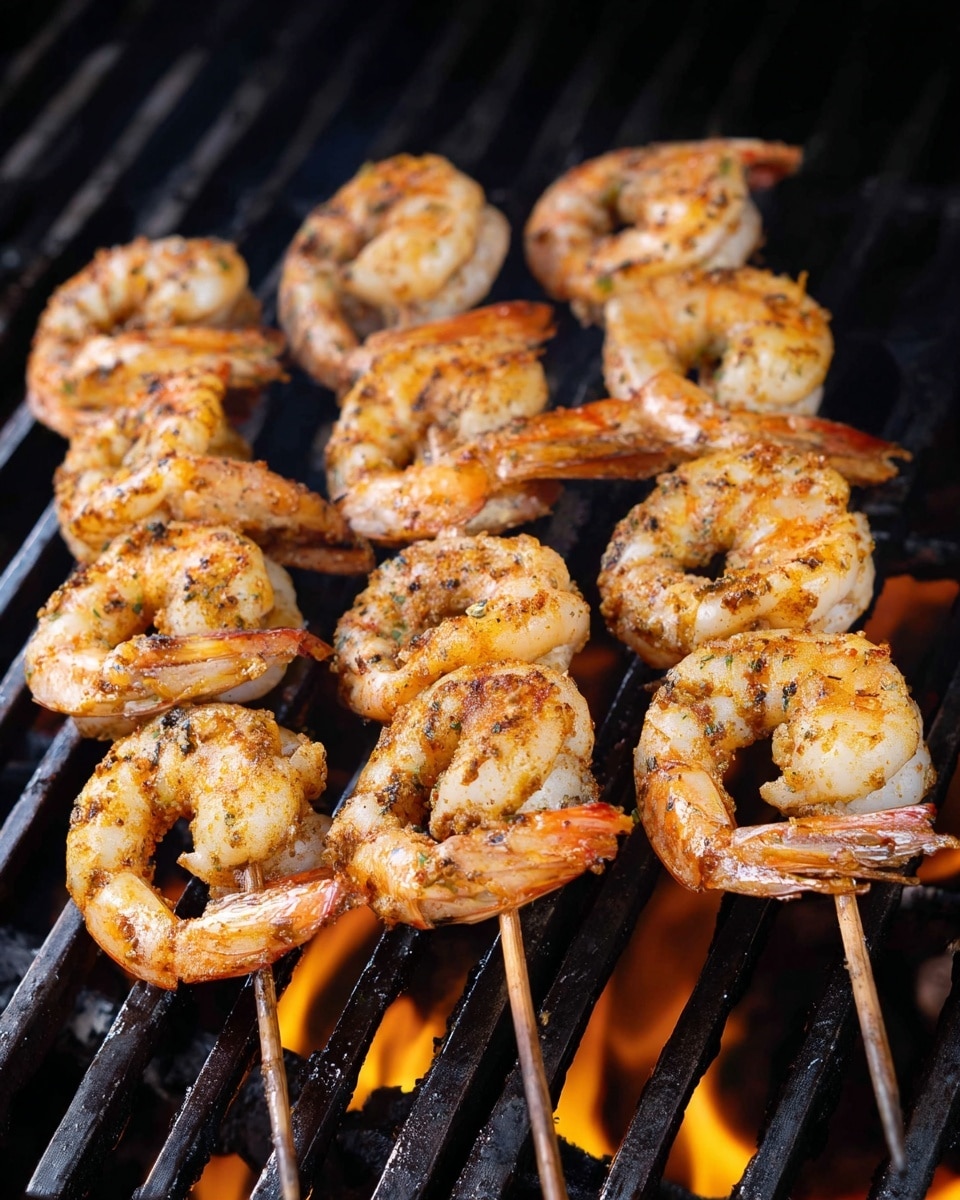 Three wooden skewers each with six seasoned shrimp are placed horizontally over a black grill with dark grill grates visible below. The shrimp are light orange with grill marks and specks of seasoning, the tails still attached and curled, showing a slightly crispy texture on the surface. Flames with a warm orange glow are visible under the grill grate, giving the scene a sense of heat and cooking. The background is out of focus, emphasizing the shrimp on the grill. photo taken with an iphone --ar 4:5 --v 7