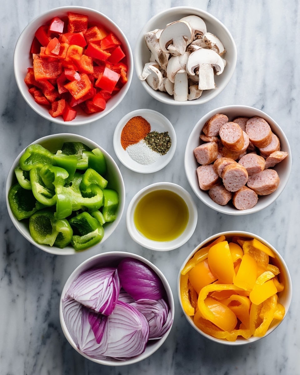 The image shows seven white bowls arranged on a white marbled surface. Starting from the top left, the first bowl contains chopped red bell peppers with a bright red color and smooth texture. Next to it on the right is a bowl with different dry seasonings, including black pepper, white salt, orange paprika, and green dried herbs, each forming a small pile in distinct colors. Below the seasonings is a bowl filled with sliced sausage pieces that are light brown on the outside and a pinkish interior, showing smooth and firm textures. In the middle, there is a small round bowl of golden olive oil with a reflective surface. To the left of the olive oil, a bowl holds green bell peppers, cut into chunky pieces with a shiny, fresh look. Below that, another bowl contains sliced yellow bell peppers, vibrant and smooth. The last bowl at the bottom left has sliced mushrooms showing white and brown caps with a soft texture. At the bottom right, a bowl holds sliced red onion with purple and white layers, appearing crisp. Photo taken with an iphone --ar 4:5 --v 7