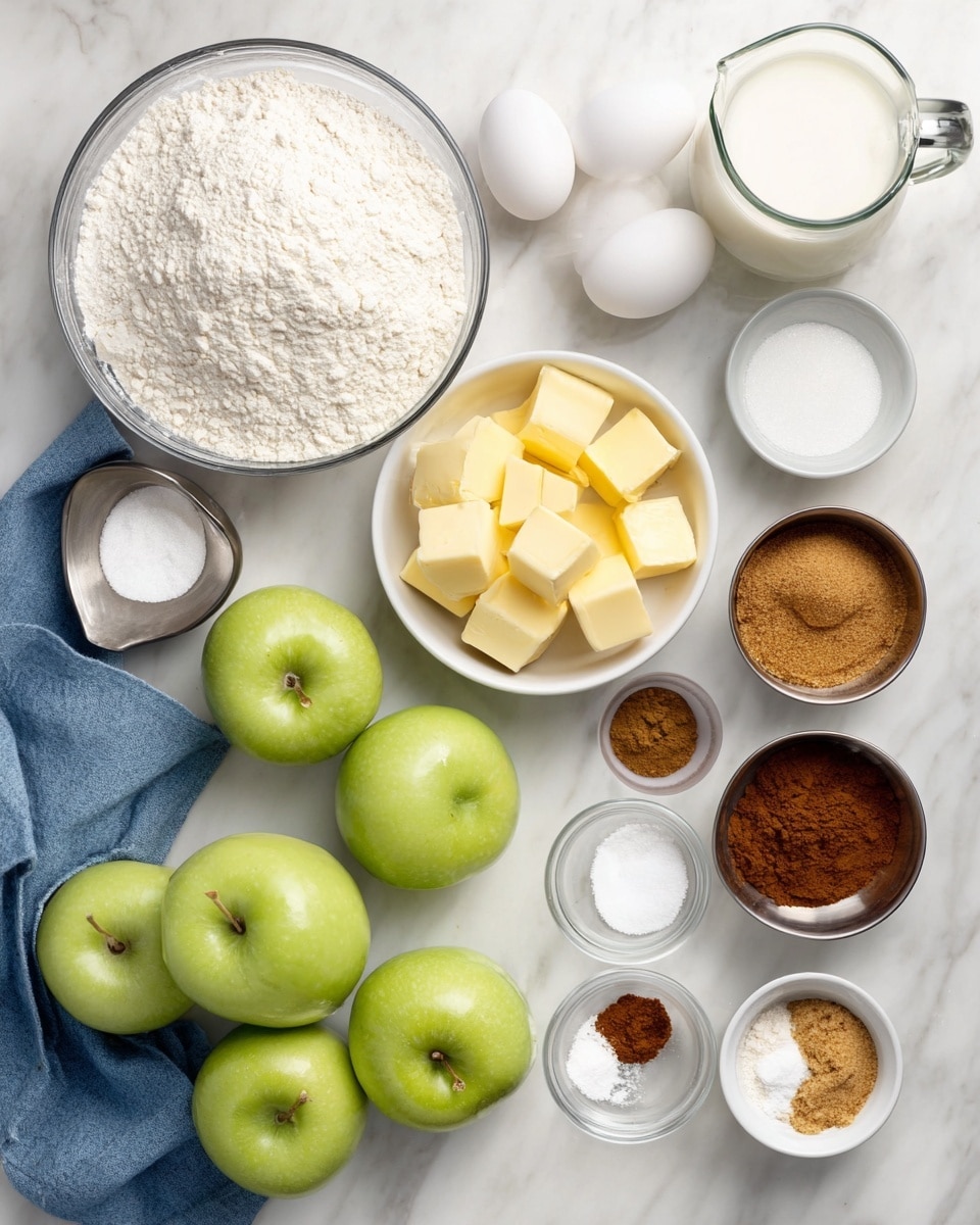 The image shows a top view of various baking ingredients neatly arranged on a white marbled surface. There is a large clear bowl filled with white flour in the upper left corner. Next to it are two white eggs placed side by side. A small white bowl with cubed yellow butter is near the eggs, along with a larger white bowl containing more cubed yellow butter below it. Three green apples are clustered near a blue cloth towards the bottom left. To the upper right of the flour, a clear measuring jug holds white milk. Around the milk are small white and metal bowls containing white salt, white sugar, brown sugar, tan yeast, light brown flour, and two brown spices. The colors range from white, yellow, green, and brown, creating a clean and organized look. Photo taken with an iphone --ar 4:5 --v 7