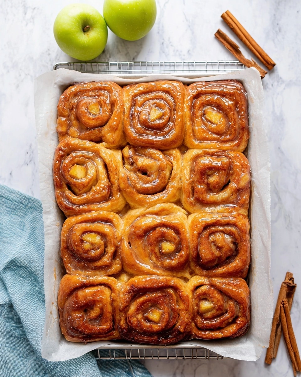The image shows twelve golden brown cinnamon rolls arranged in a 3 by 4 grid on a white parchment paper-lined baking tray. Each roll has a shiny glaze on top, giving them a slightly sticky look. Inside the swirls of the rolls are small pieces of light yellow apple chunks scattered throughout. The rolls have a soft, fluffy texture with visible layers and spirals. The tray sits on a silver cooling rack over a white marbled surface, with two green apples on the top left and three cinnamon sticks on the bottom right corner. A light blue cloth is partially visible at the bottom left corner. photo taken with an iphone --ar 4:5 --v 7