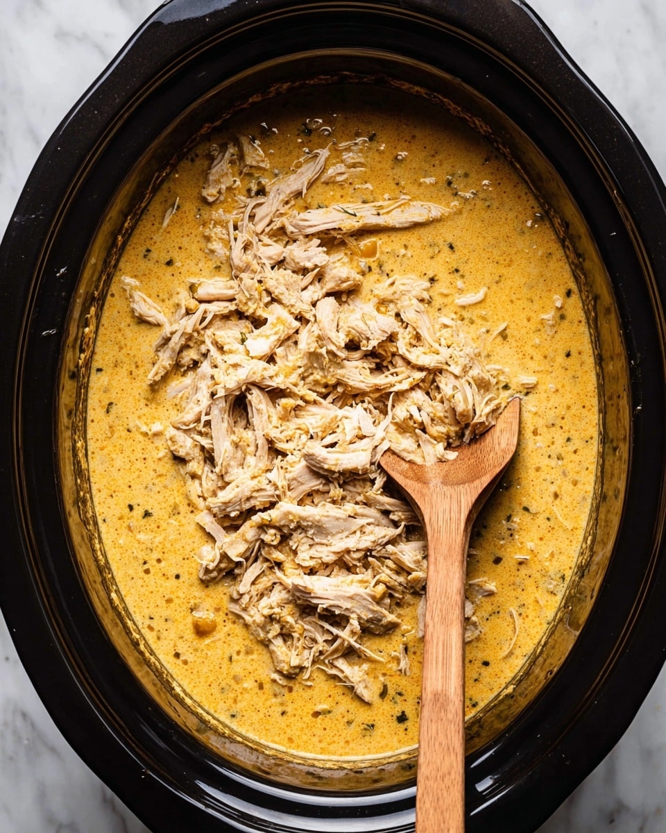 A black slow cooker is filled with two layers: the bottom layer is a creamy, orange-yellow sauce with visible small bits of herbs and onions, with a smooth and slightly bubbly texture; the top layer has shredded light brown cooked chicken scattered unevenly, some pieces thin and stringy, overlapping each other. A wooden spoon with a long handle is resting inside the cooker, partially submerged in the sauce and chicken. The slow cooker is set on a surface with a white marbled texture. photo taken with an iphone --ar 4:5 --v 7