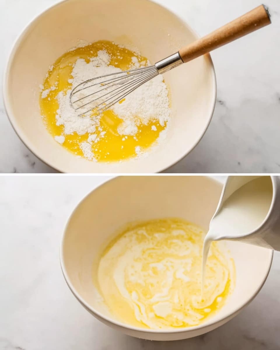 The image shows two white bowls on a white marbled surface. The first bowl is filled with melted butter and flour resting on top, creating a smooth yellow and white mix with a soft texture. The second bowl has the same yellow mixture being stirred with a metal whisk with a wooden handle. A white liquid is being poured from a white jug into the bowl, causing a contrast between the yellow base and the cream color mixing together. The scene captures the process of mixing ingredients with a clean and simple look. Photo taken with an iphone --ar 4:5 --v 7