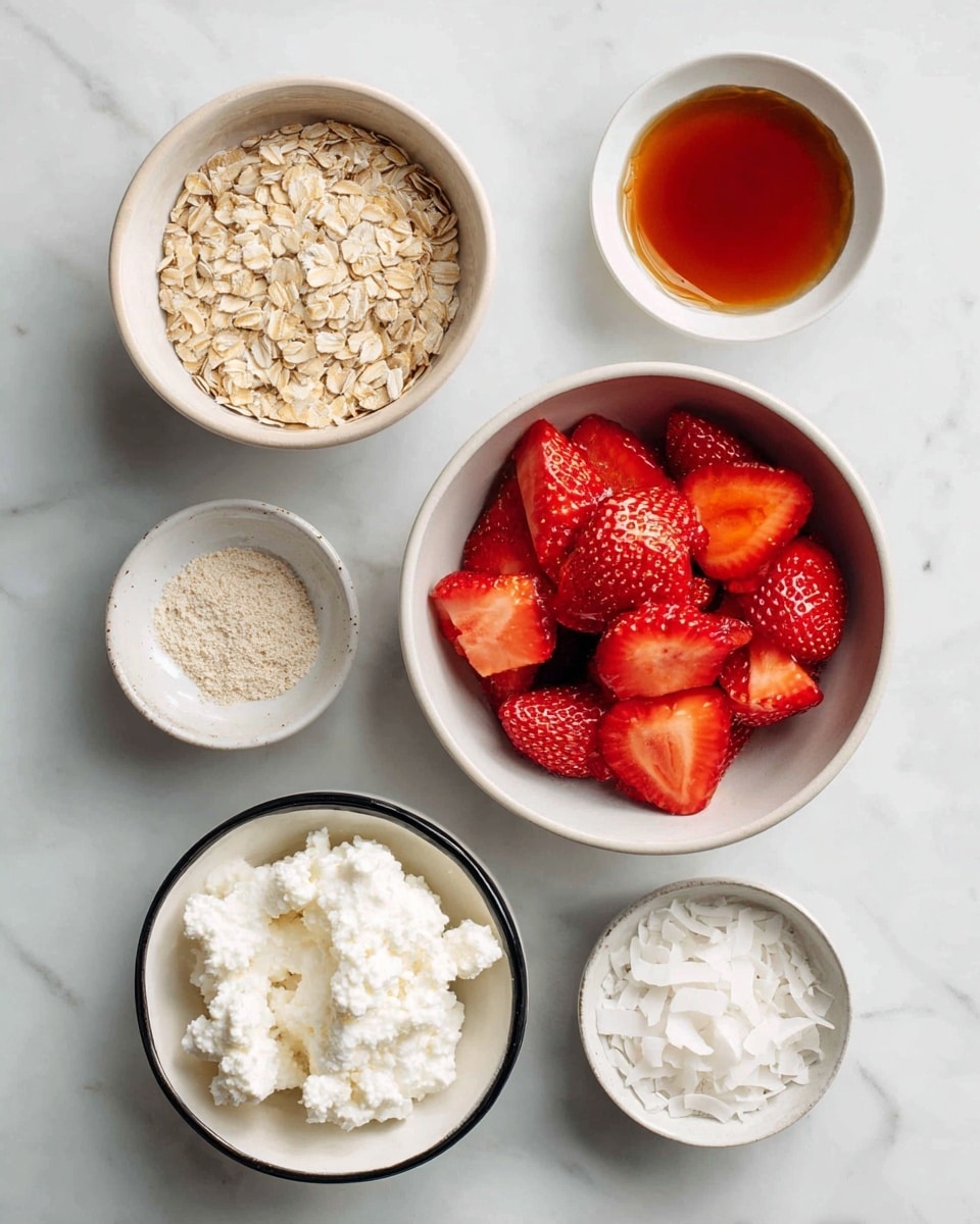 A top-down view shows five white bowls placed on a white marbled surface. The largest bowl, positioned slightly to the right, holds bright red sliced strawberries with visible seeds and juicy texture. Above it, there is a small bowl of dark amber maple syrup with a smooth, shiny surface. To the left of the syrup, a medium bowl contains light beige old fashioned oats, dry and flaky. Below the strawberries, a white bowl with a thin black rim is filled with white, creamy cottage cheese that looks soft and slightly lumpy. Lastly, on the lower right, a small white bowl contains white coconut flakes, dry and shredded. Each bowl is distinct and evenly spaced. Photo taken with an iphone --ar 4:5 --v 7
