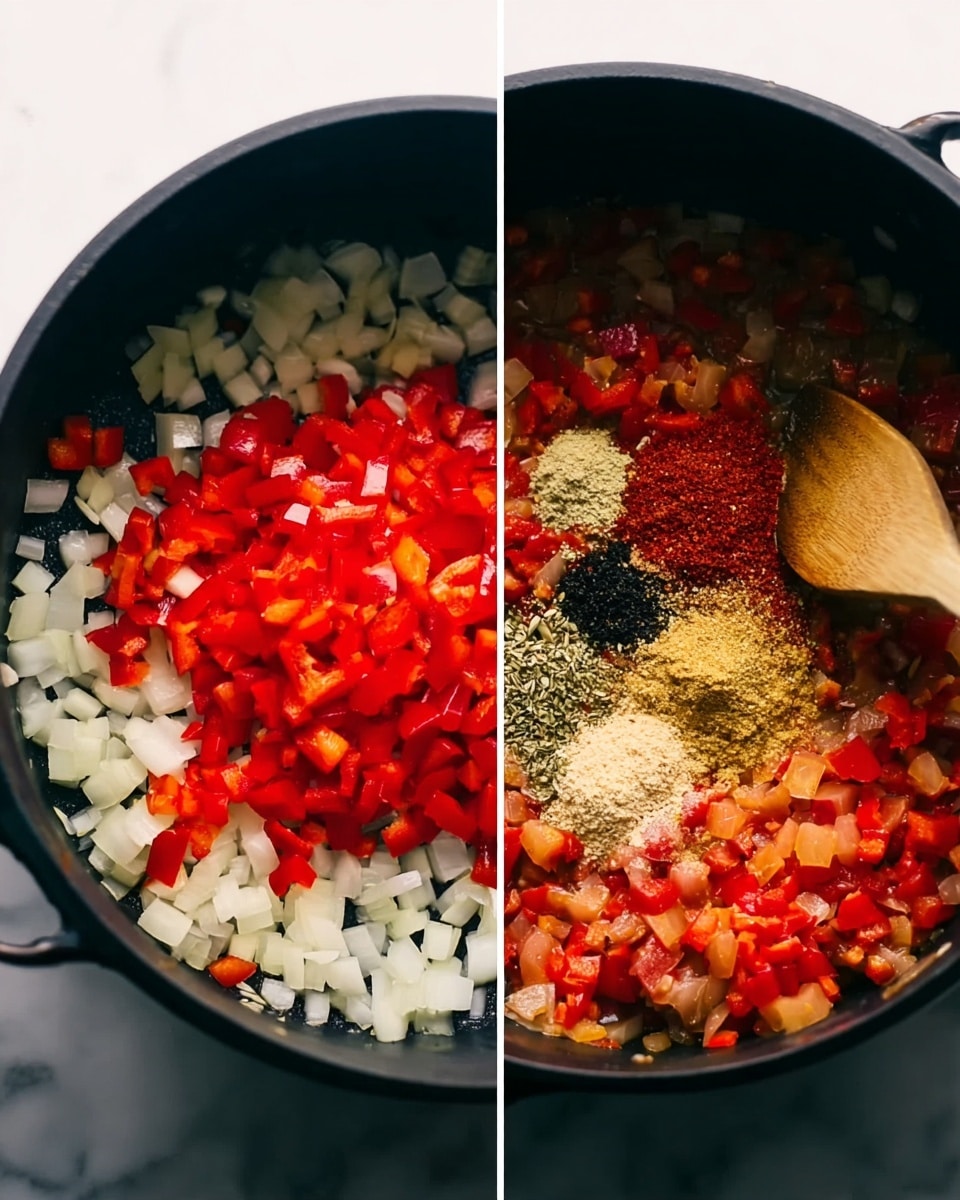 The image shows two side-by-side photos of a black pot on a white marbled surface, each showing different stages of cooking. The left photo has a base layer of small white diced onions covering the bottom of the pot, with a layer of bright red diced bell peppers mostly on top. A wooden spoon is stirring the vegetables from the right edge of the pot. The right photo shows the same vegetables now cooked and softened, forming a colorful mixed layer of red, orange, and translucent pieces. On top of this cooked mix, there are several piles of spices: one is light brown, one dark red, one greenish, and one yellow, as well as a pale beige pile of minced garlic. The spices sit in an uneven circle near the center of the pot. The lighting is bright, highlighting the textures of the vegetables and spices. photo taken with an iphone --ar 4:5 --v 7
