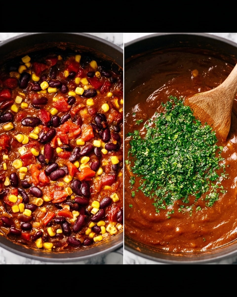 A close-up view of two stages of a chili dish inside a dark pot, both images showing a thick mix of kidney beans, black beans, corn, and diced red tomatoes with a rich brown sauce. In the first image, the ingredients fill the pot almost to the top with a wooden spoon partially dipped in the mixture on the right side. In the second image, on top of the same base, there's a smooth brown sauce layered in the middle, covered by a generous pile of finely chopped green herbs, with the same wooden spoon resting on the right edge. The background features a white marbled texture. Photo taken with an iphone --ar 4:5 --v 7