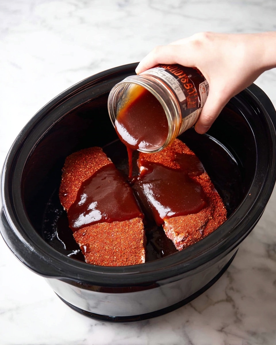 Inside a black slow cooker, two long, oval-shaped pieces of meat with a reddish spice coating lie side by side at the bottom. A woman's hand is pouring thick, dark brown barbecue sauce generously over each piece, creating a shiny layer on top that covers the center of both meats. The slow cooker sits on a white marbled surface. photo taken with an iphone --ar 4:5 --v 7