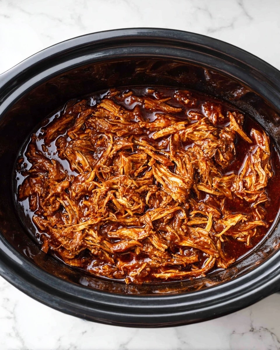 The image shows a black slow cooker filled with shredded meat soaked in a rich, dark brown sauce that looks glossy and thick. The meat strands are soft and intertwined, covering the entire inside base of the cooker. The background is a white marbled surface that contrasts with the dark cooker. There are no extra layers, just the meat and sauce inside the cooker. photo taken with an iphone --ar 4:5 --v 7
