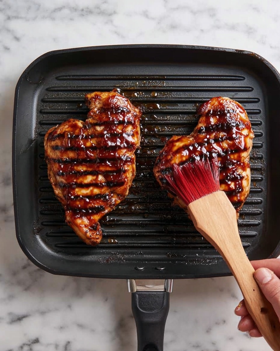 Two grilled chicken pieces with dark brown char lines and a shiny layer of sauce on top lie on a black grill pan. A woman's hand holds a wooden brush with red bristles, spreading sauce on the piece to the right. The background is a white marbled surface. photo taken with an iphone --ar 4:5 --v 7