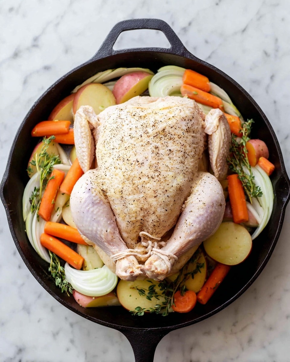 A whole raw chicken seasoned with black pepper is placed in the center of a black cast iron pan. The chicken is tied at the legs with twine, with a pale skin tone showing some texture. Underneath and around the chicken, there are slices of white onions, orange carrots, and light brown potatoes arranged in layers, creating a colorful base. The vegetables are slightly overlapping, with some fresh green sprigs of herbs scattered among them. The pan sits on a white marbled surface. photo taken with an iphone --ar 4:5 --v 7