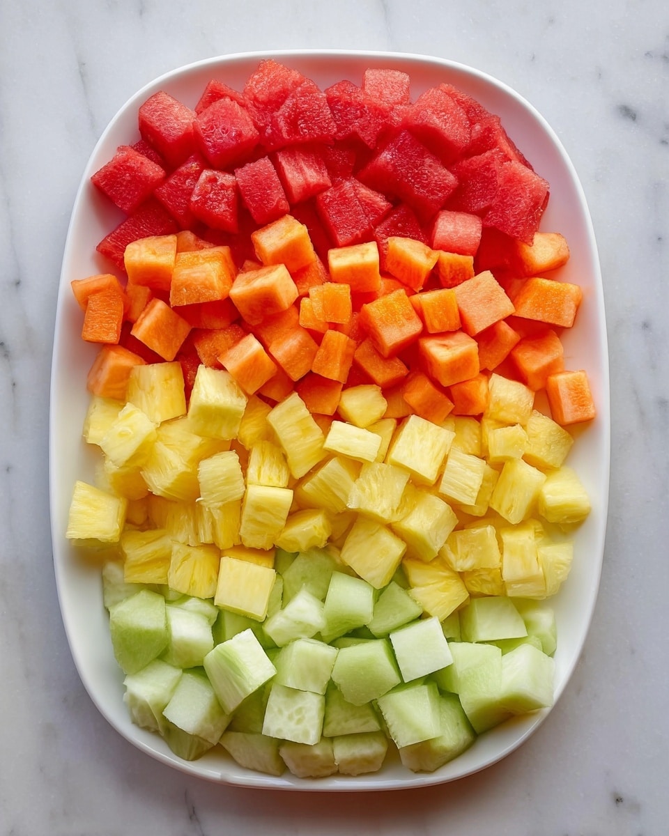 A white oval plate holds four neat layers of cubed fruit arranged from top to bottom: bright red watermelon cubes at the top, followed by vibrant orange cantaloupe cubes, then sunny yellow pineapple chunks, and at the bottom pale green honeydew pieces. Each layer is uniform in size and texture, showing fresh, juicy fruit with a clean-cut look. The plate sits on a white marbled surface. Photo taken with an iphone --ar 4:5 --v 7