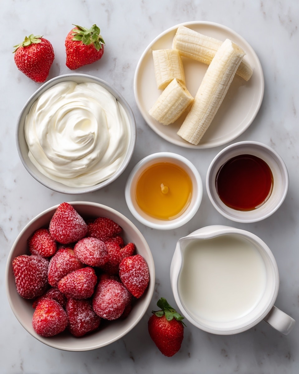 The image shows six key ingredients for a smoothie, each in white bowls or a white pitcher, all placed on a white marbled surface. In the center, there is a bowl of frozen strawberries, bright red with frosty textures, sitting against the white bowl. To the left is a bowl of thick, creamy Greek yogurt with a smooth, swirled white texture. Above it, on a small white plate, are three pieces of frozen banana, pale yellow and slightly frosty. To the top right, a small white bowl holds a dark amber vanilla liquid with a smooth surface. Just below it, a slightly larger white bowl contains honey, golden and clear. Finally, at the bottom right, there is a white pitcher filled with milk, showing a rich, smooth white liquid inside. The whole set of ingredients is neatly arranged with fresh strawberries also visible on the white marbled surface. photo taken with an iphone --ar 4:5 --v 7