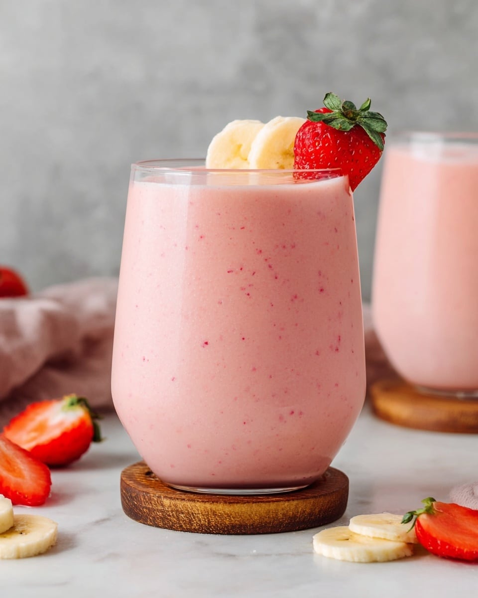 A tall clear glass filled with a thick, smooth pink smoothie that has tiny red specks inside, placed on a small wooden coaster. On top of the smoothie are slices of light yellow banana and a half red strawberry with green leaves. Around the glass, there are fresh halved strawberries and a few banana slices on a white marbled surface. Part of another glass with the same pink smoothie is visible in the background. Photo taken with an iphone --ar 4:5 --v 7