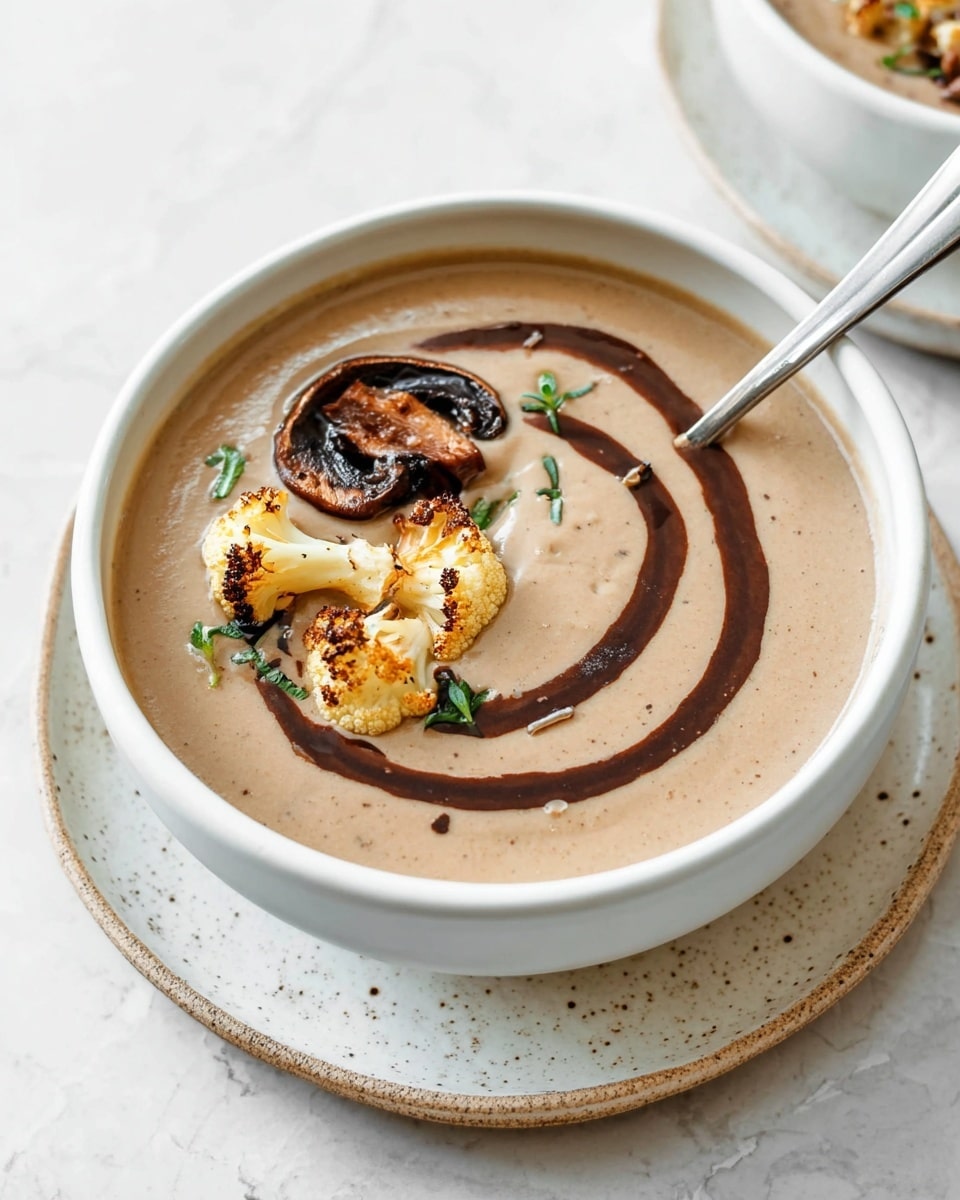 A bowl of creamy light brown soup is shown in a white bowl sitting on a white speckled plate. On top of the soup, there are two dark brown cooked mushroom slices and small pieces of golden roasted cauliflower. A swirl of dark brown sauce creates a spiral design in the soup, and a few small green herb leaves are scattered for garnish. A silver spoon is partially visible inside the bowl. The background is a white marbled surface. photo taken with an iphone --ar 4:5 --v 7