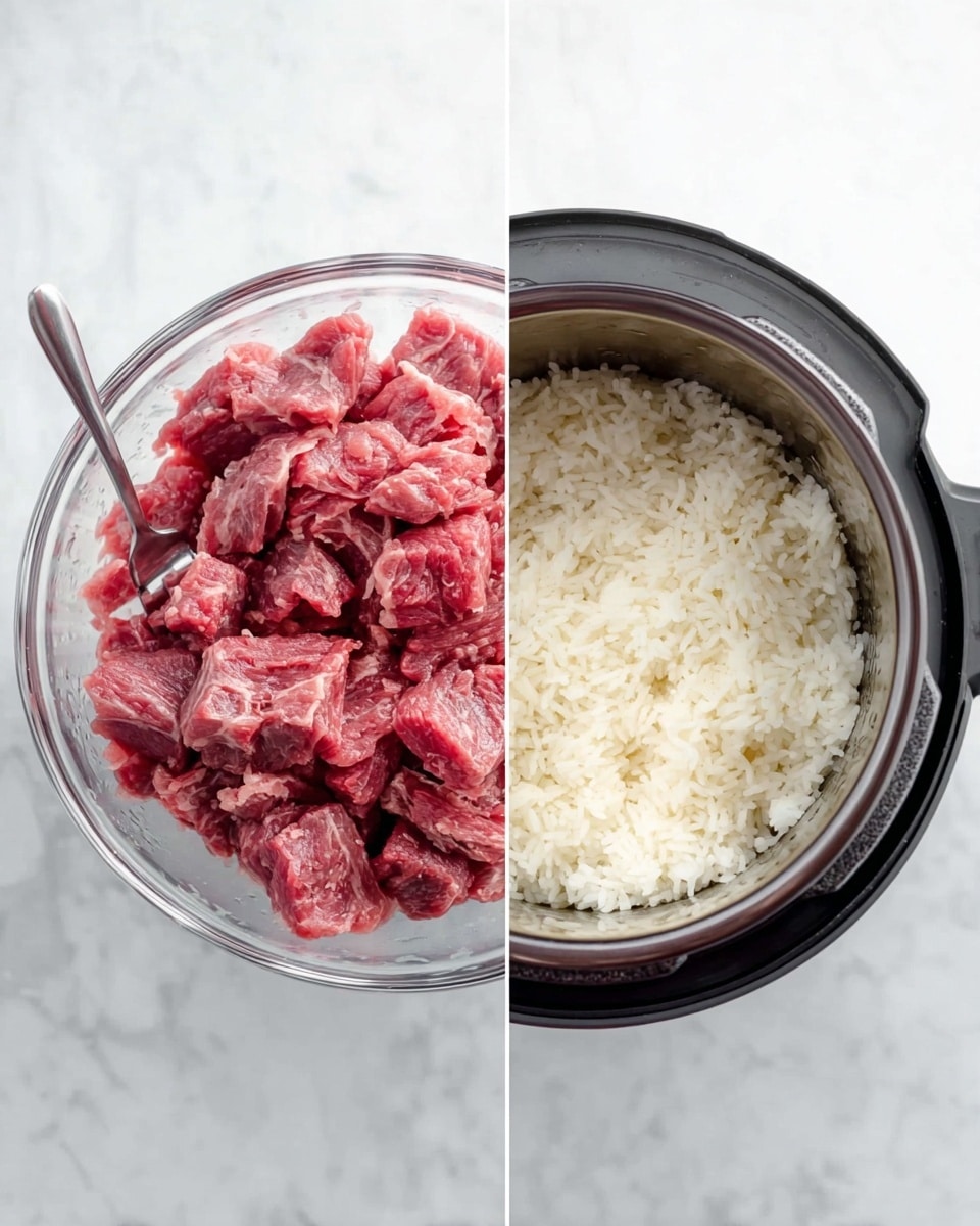 The image shows two side-by-side photos; on the left is a clear glass bowl filled with raw beef pieces, red with light marbling, with a metal fork resting inside, all placed on a white marbled surface. On the right is a black rice cooker pot filled with fluffy white cooked rice evenly spread on top, also set on the same white marbled surface. photo taken with an iphone --ar 4:5 --v 7