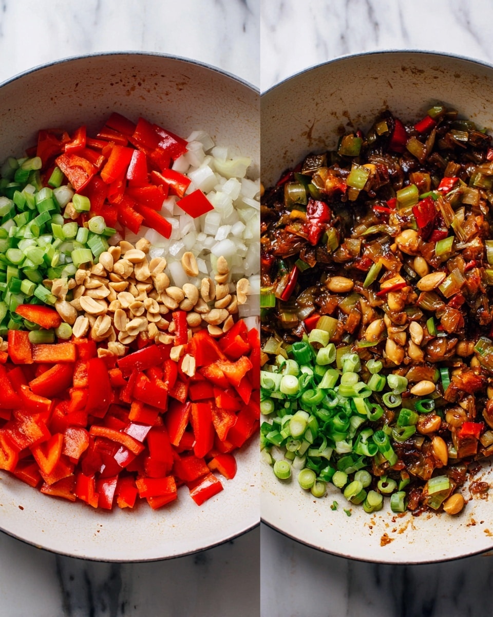 The image shows two white pans on a white marbled surface. The left pan has layers of fresh, colorful ingredients arranged separately: bright red chopped bell peppers, white onion pieces, light brown chopped garlic and ginger, a small pile of pale peanuts, and chopped green onions. The right pan shows the same ingredients cooked together into a dark sauce, with softened red peppers, onions, peanuts, and green onions mixed well, giving a glossy look with rich brown colors. photo taken with an iphone --ar 4:5 --v 7