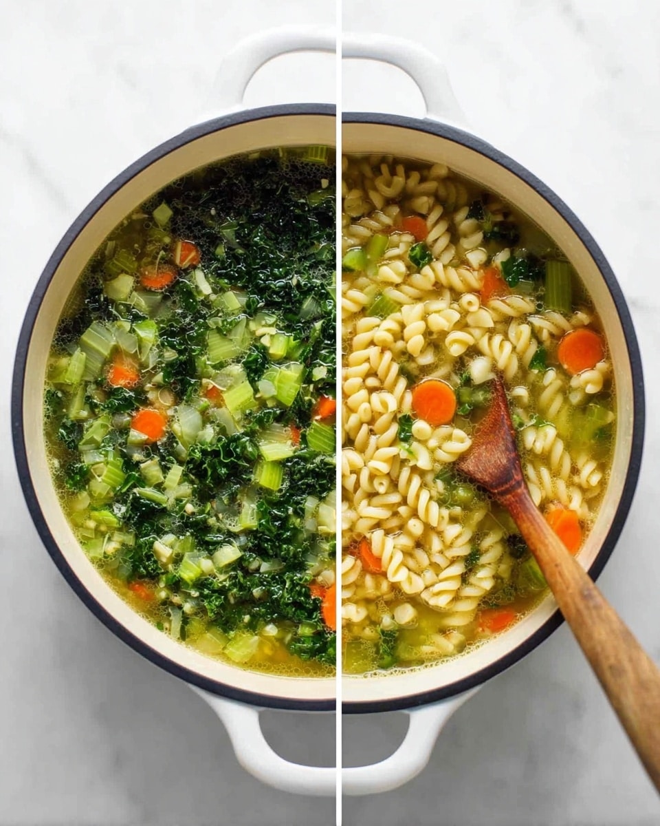 The image shows two stages of a soup cooking process side by side in a white pot on a white marbled surface. The left side shows a broth with green leafy vegetables, small carrot pieces, and light green celery stalks floating in clear liquid. The right side shows the same pot now filled with elbow macaroni pasta added on top of the vegetable broth, and a wooden spoon resting inside the pot, partially submerged in the soup. The colors include green from the vegetables, orange from the carrots, and pale yellow from the pasta. photo taken with an iphone --ar 4:5 --v 7