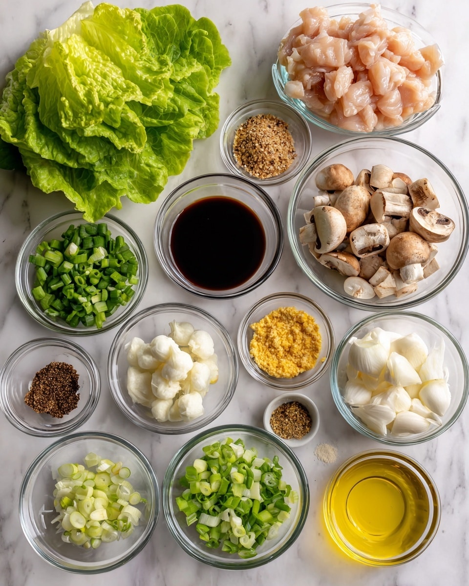 The image shows an arrangement of many small glass bowls and ingredients on a white marbled surface. At the back left, a large green lettuce with loose leaves stands upright. To its right, there is raw light pink chicken in white packaging. In front of the lettuce, a dark brown thick hoisin sauce fills a small clear bowl. Next to it on the right, diced light brown mushrooms and white onions fill two separate small clear bowls side by side. Lower down, another three small clear bowls hold pale white water chestnuts, bright green chopped green onions, and a pale yellow vinegar. Below these, soy sauce with a dark brown liquid, golden sesame oil, crushed pale yellow garlic, white salt, minced yellow ginger, dark pepper, and clear vegetable oil are each placed in small clear bowls arranged neatly across the surface. The colors range from greens and browns to whites and yellows, with a clean, fresh look. photo taken with an iphone --ar 4:5 --v 7