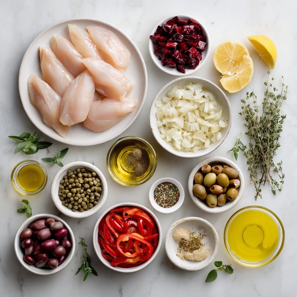 Top-down professional food photography flat lay style, bright white marble countertop, neatly arranged, evenly spaced, tidy, clean organized layout, include: small plate of boneless skinless chicken breasts, small bowl of chopped onion, bowl of kalamata olives, bowl of roughly chopped roasted red peppers, small bowl of capers, small glass cup of lemon juice, small bowl of minced garlic, small bowl of Italian seasoning, small plate of fresh thyme, oregano, and basil sprigs, bright soft natural lighting, sharp focus, high detail textures, realistic reflections, no finished dish, no cooked food, no hands, no text, no watermark